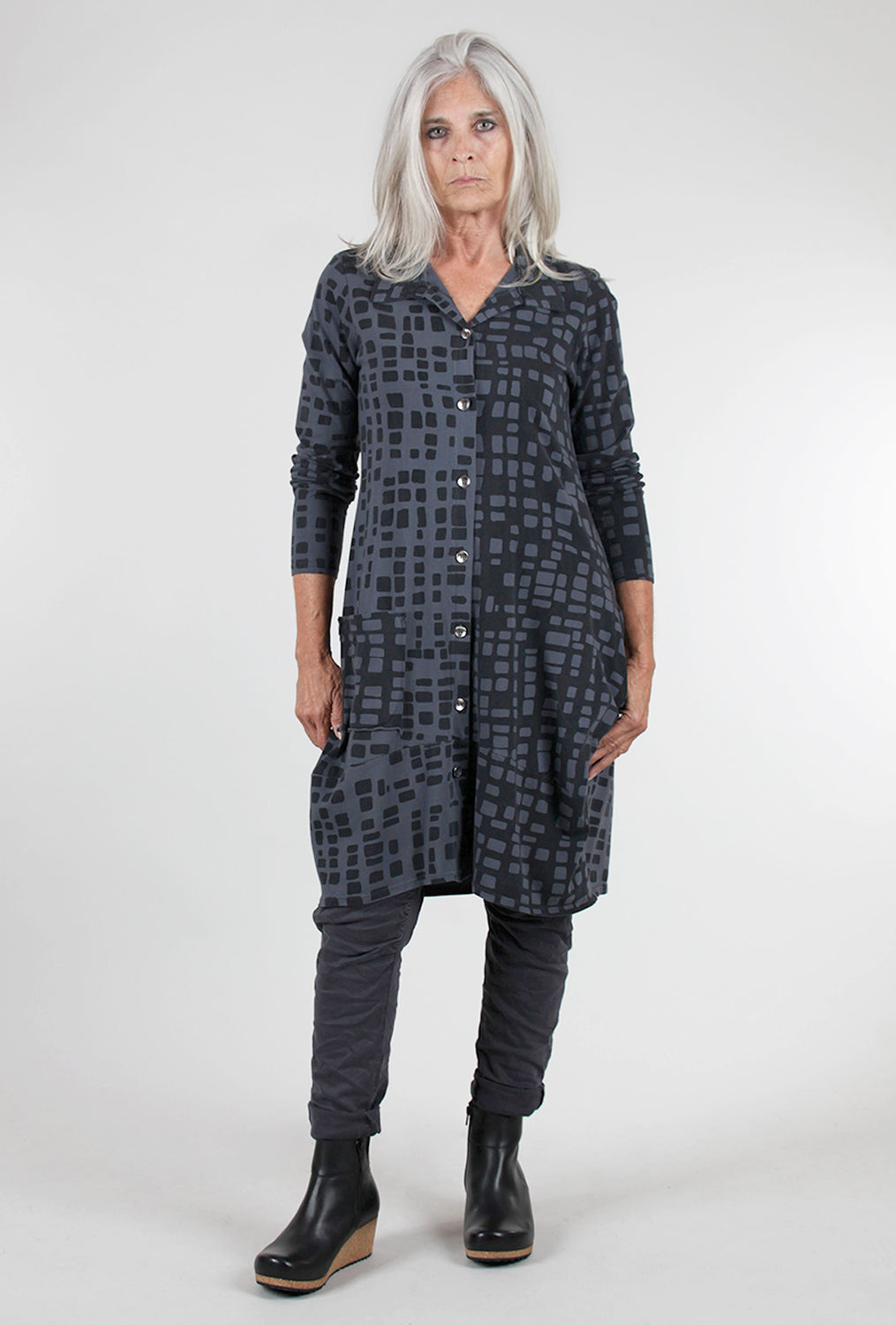 Fenini Metro Print Knit Shirtdress, Gray 