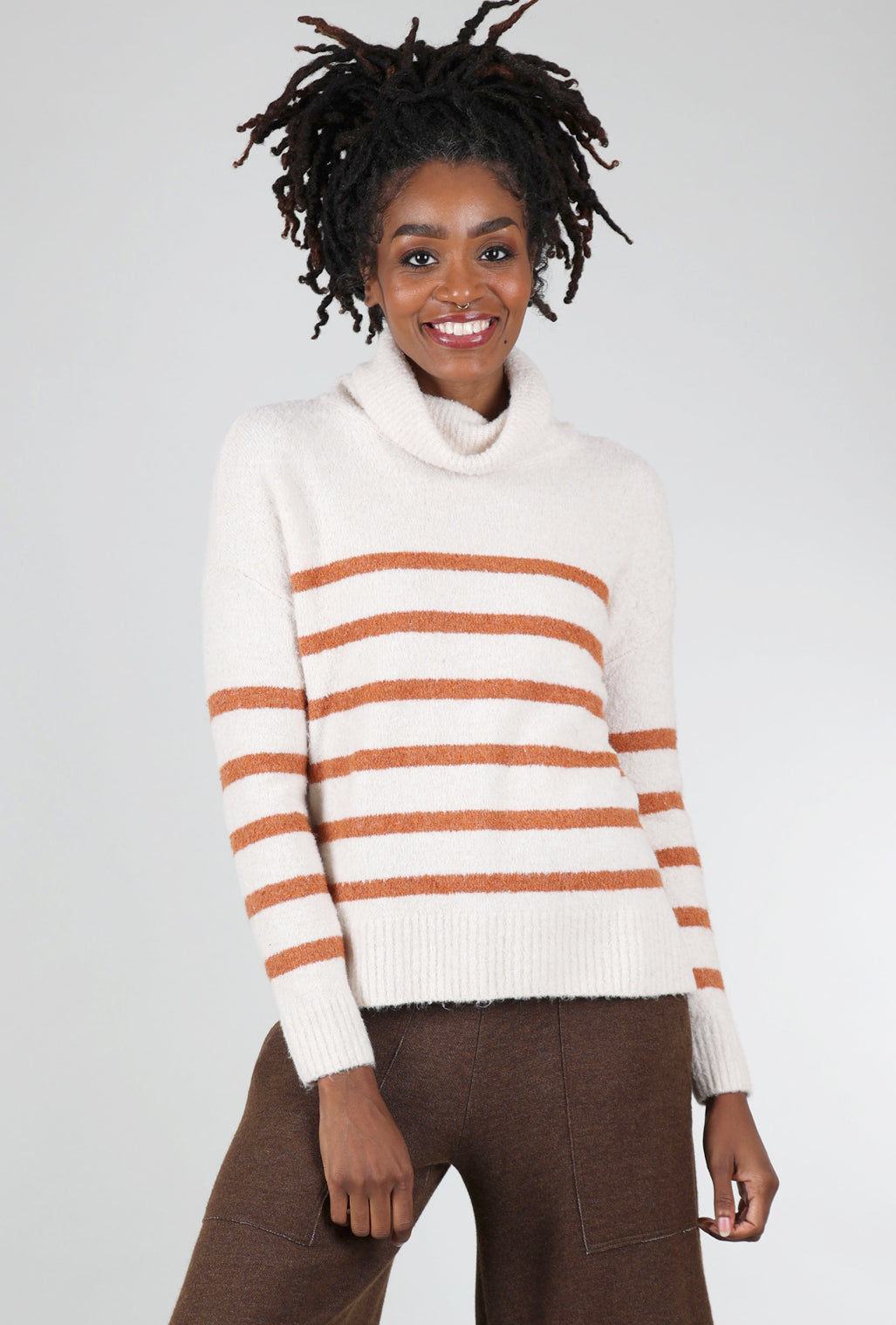 Lilla P Lofted Stripe Tneck Sweater, Snow/Rust 