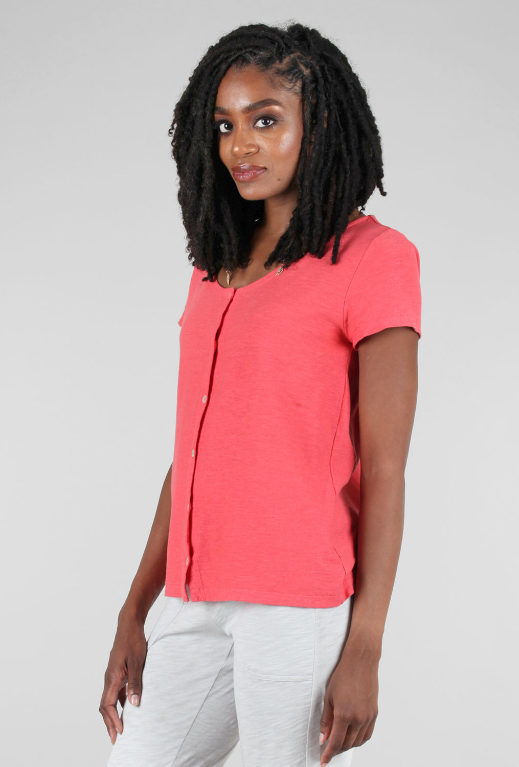 Cut Loose Cotton Linen S/S Button Tee, Harbor Red 