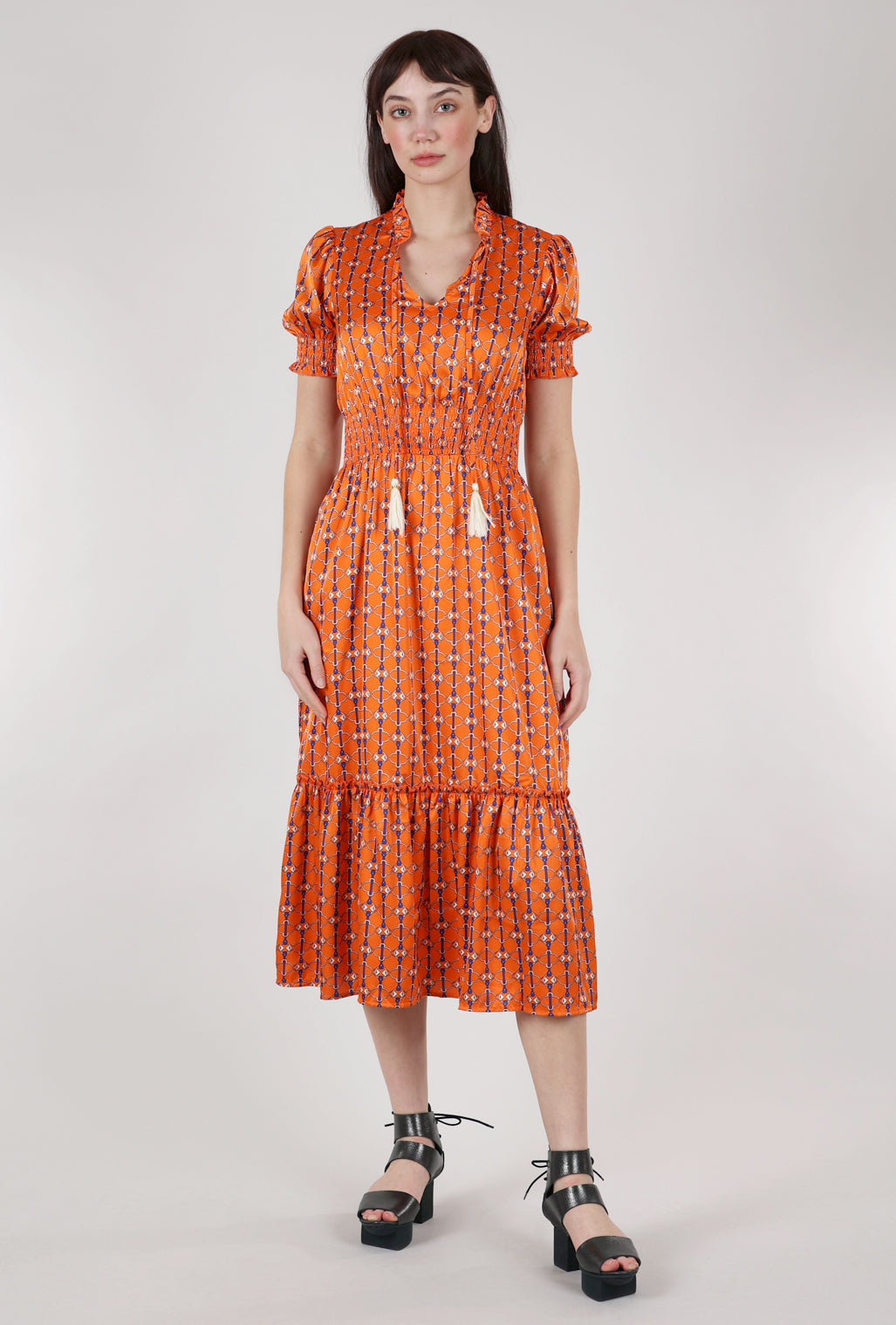 M Made in Italy Chain-Pattern Smocked Dress, Tangerine 