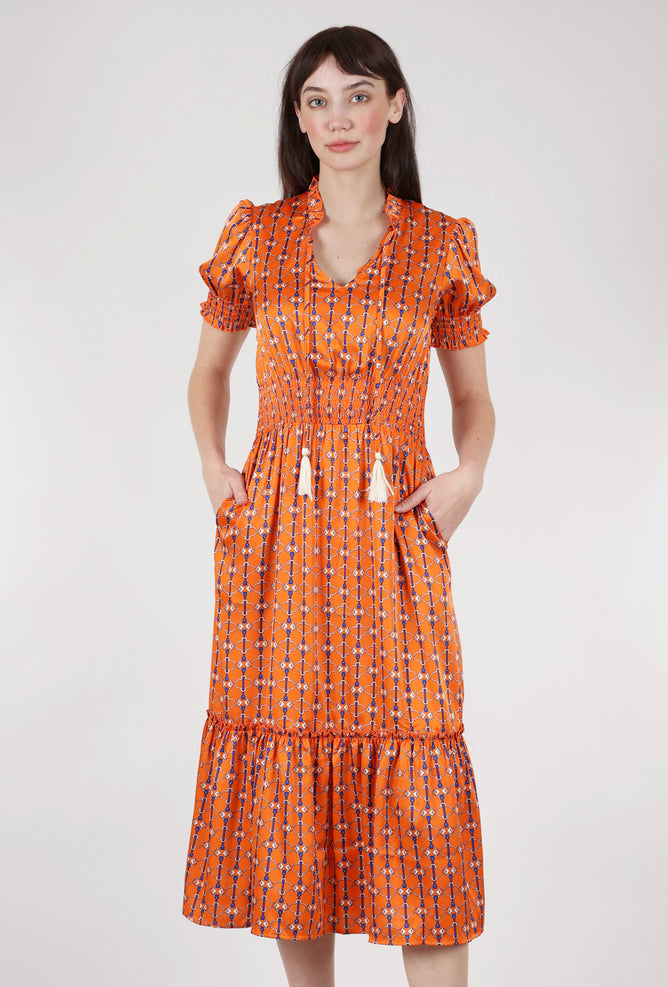 M Made in Italy Chain-Pattern Smocked Dress, Tangerine 