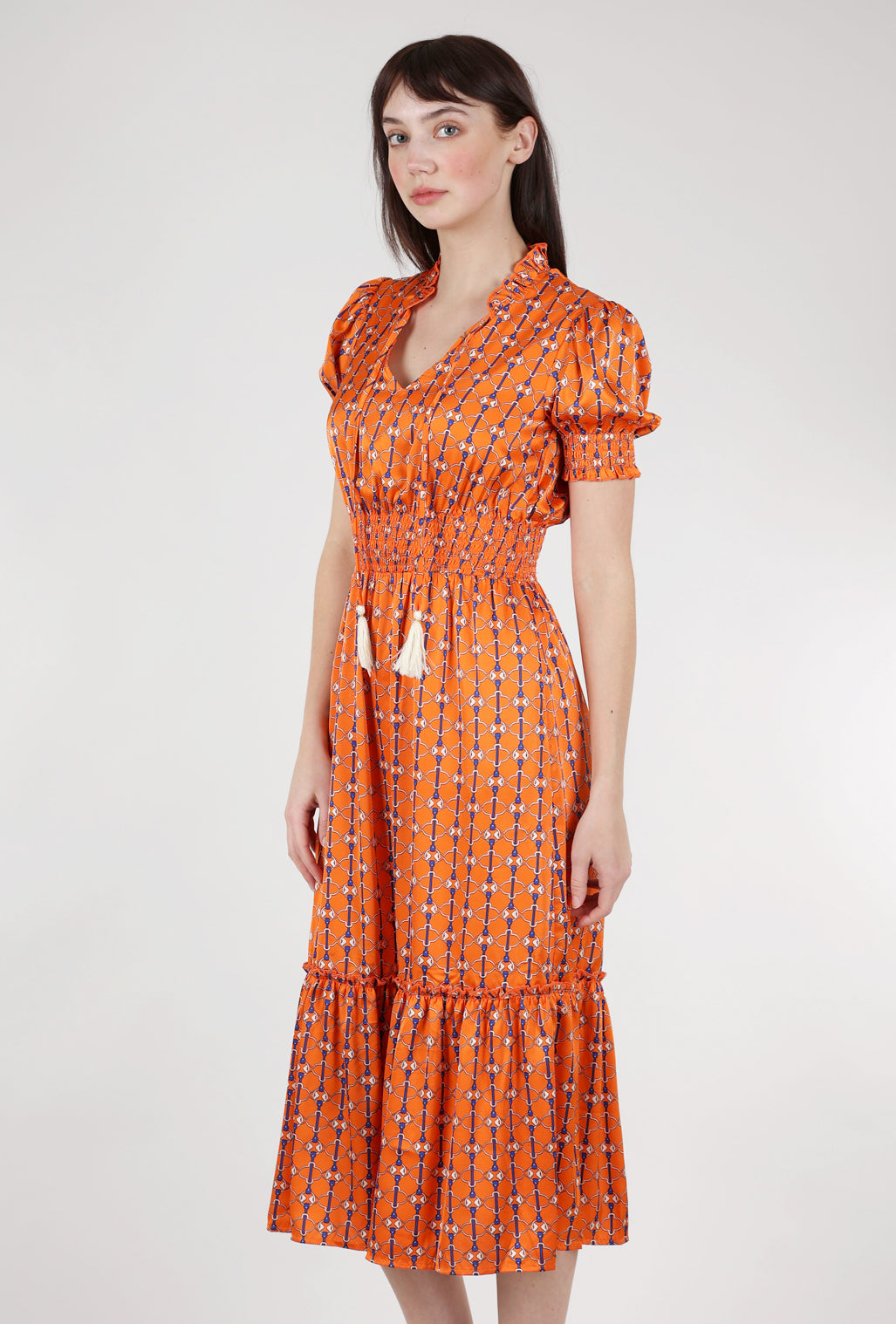 M Made in Italy Chain-Pattern Smocked Dress, Tangerine 