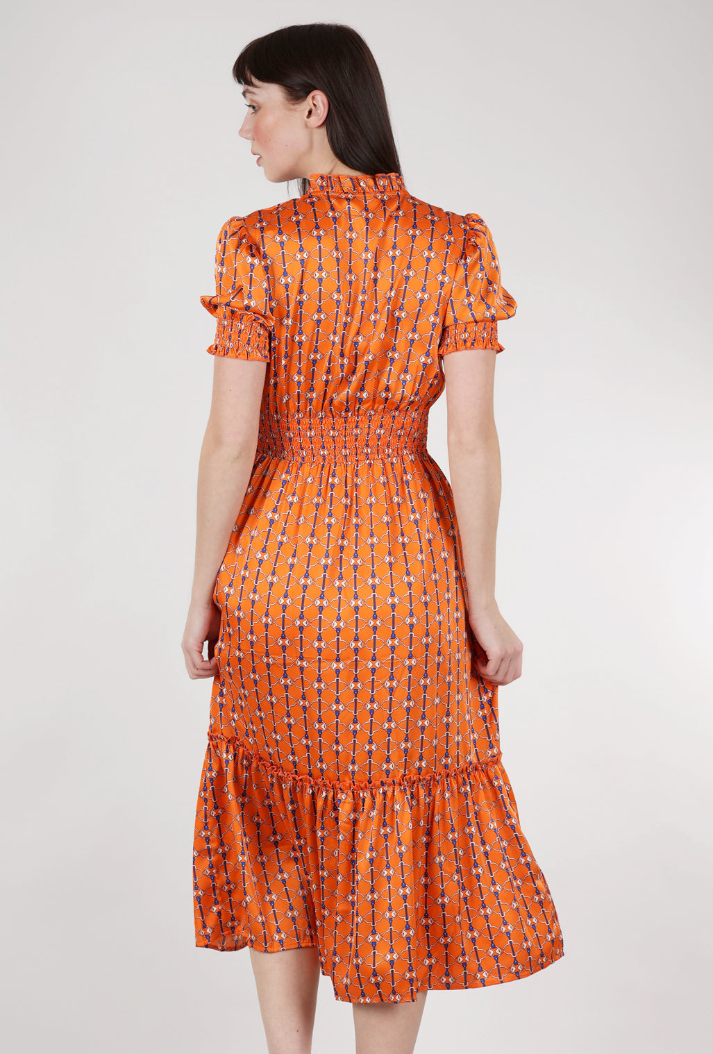 M Made in Italy Chain-Pattern Smocked Dress, Tangerine 