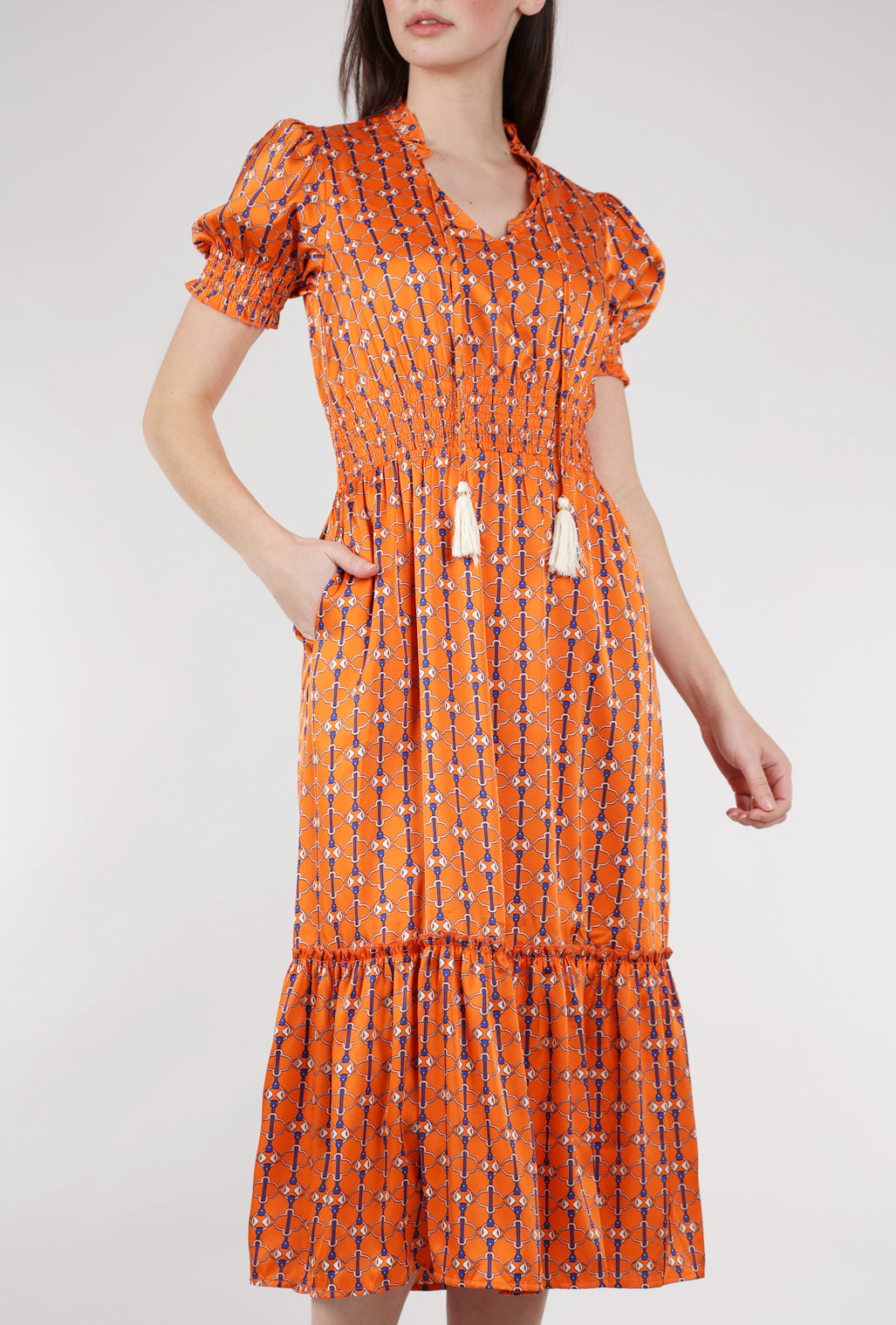 M Made in Italy Chain-Pattern Smocked Dress, Tangerine 