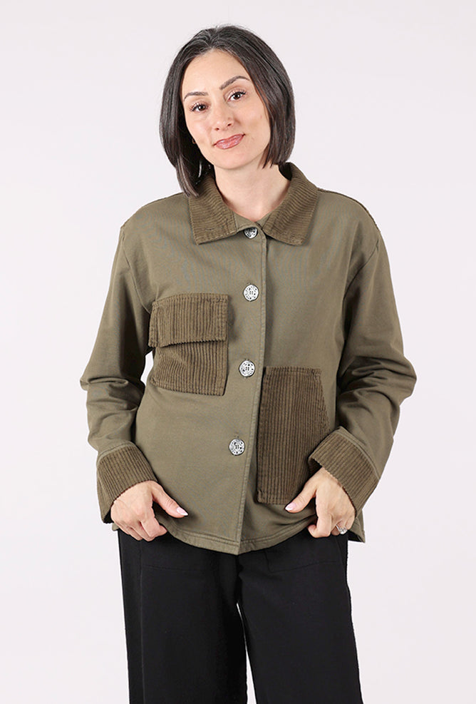 Fenini Contrast Cord Boxy Fleece Jacket, Olive 