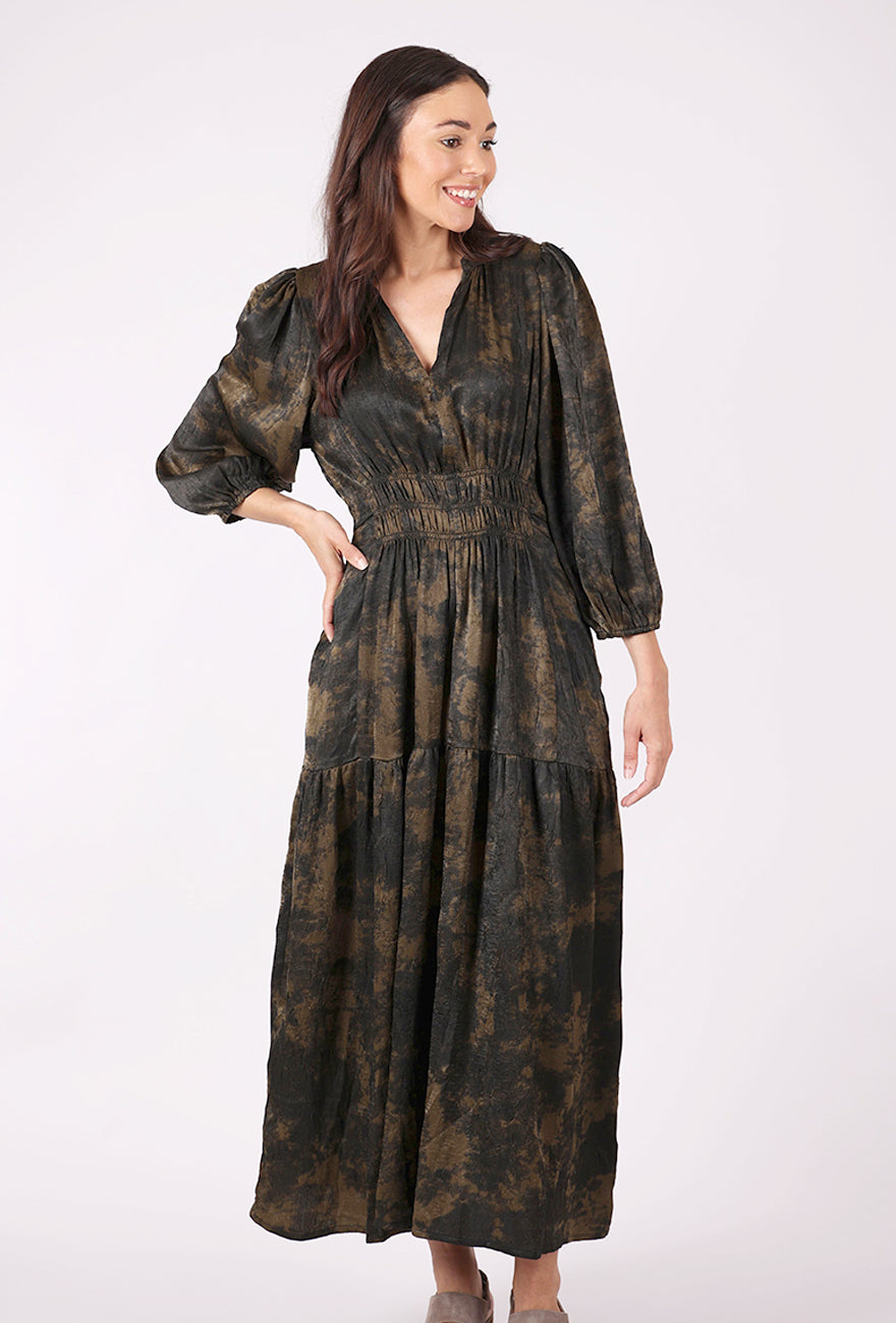 Grade & Gather Smocked Waist Printed Midi Dress, Tapenade 