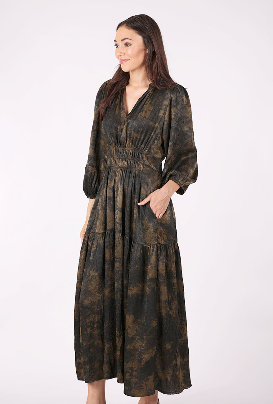 Grade & Gather Smocked Waist Printed Midi Dress, Tapenade 