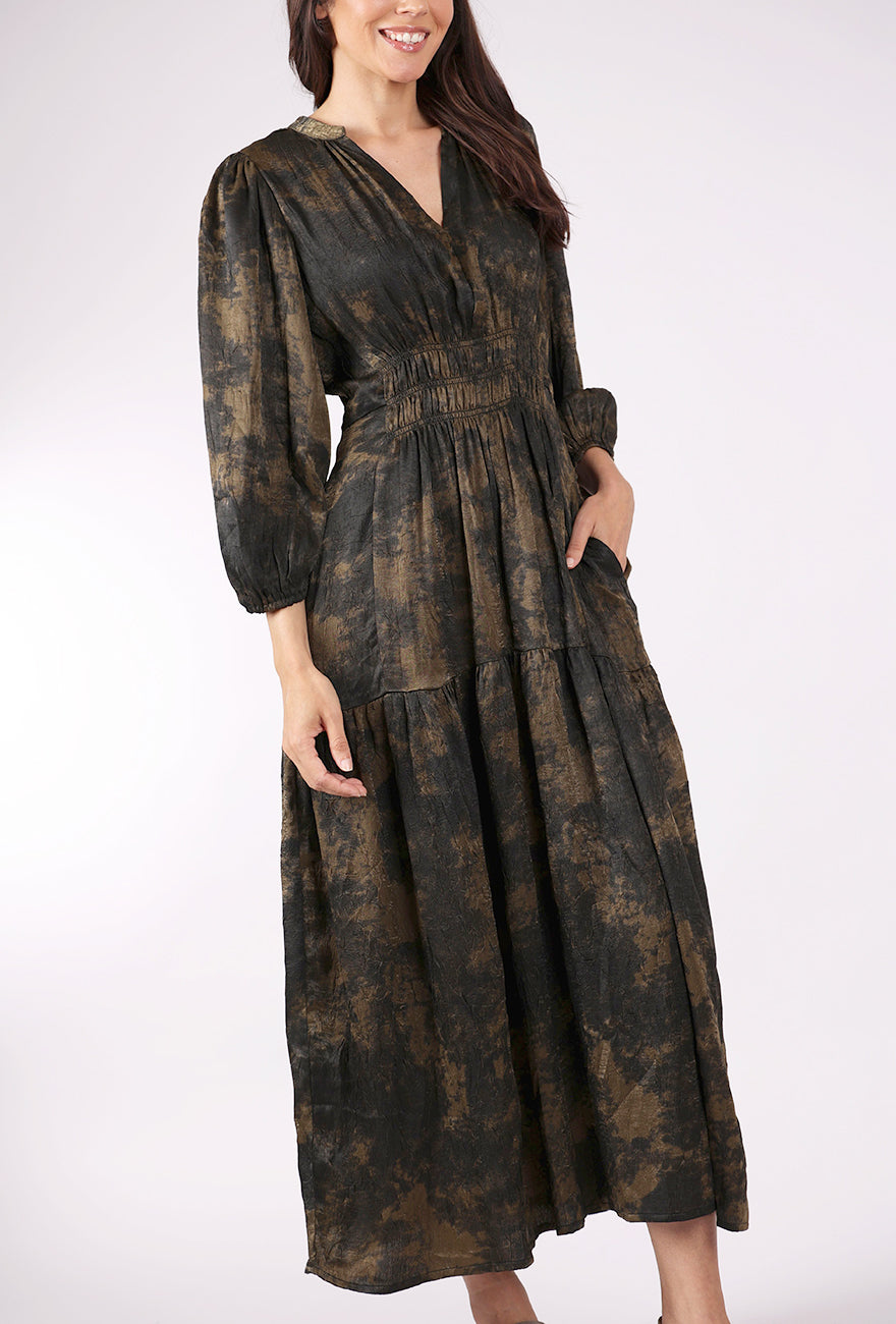 Grade & Gather Smocked Waist Printed Midi Dress, Tapenade 