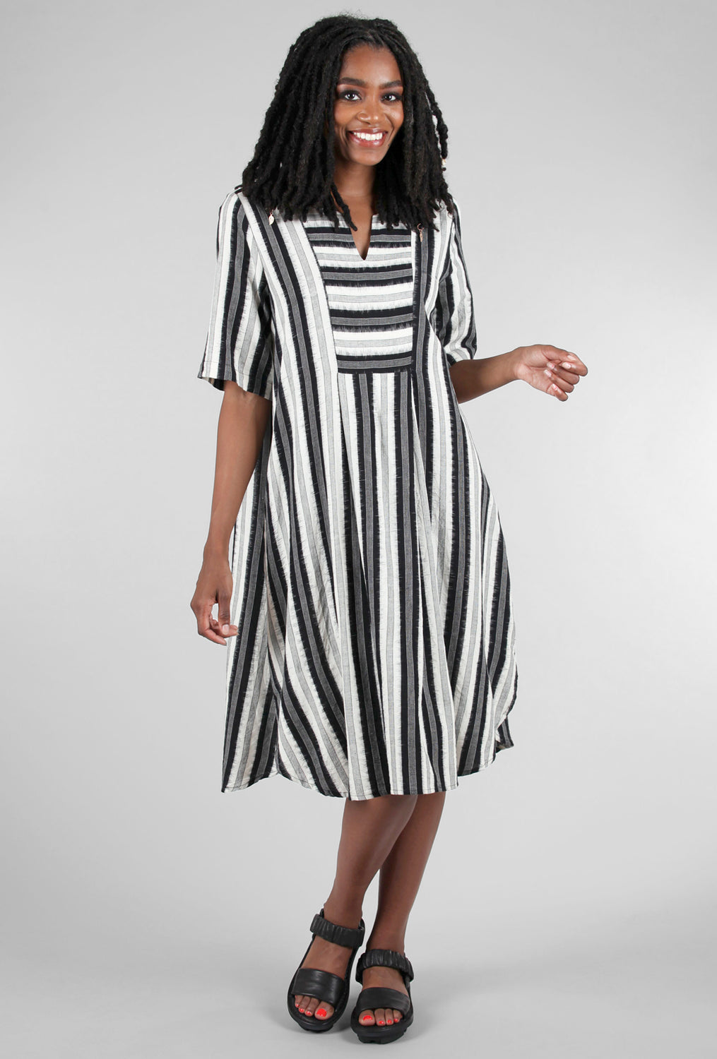 M Square Woven Stripe Breeze Dress, Black 
