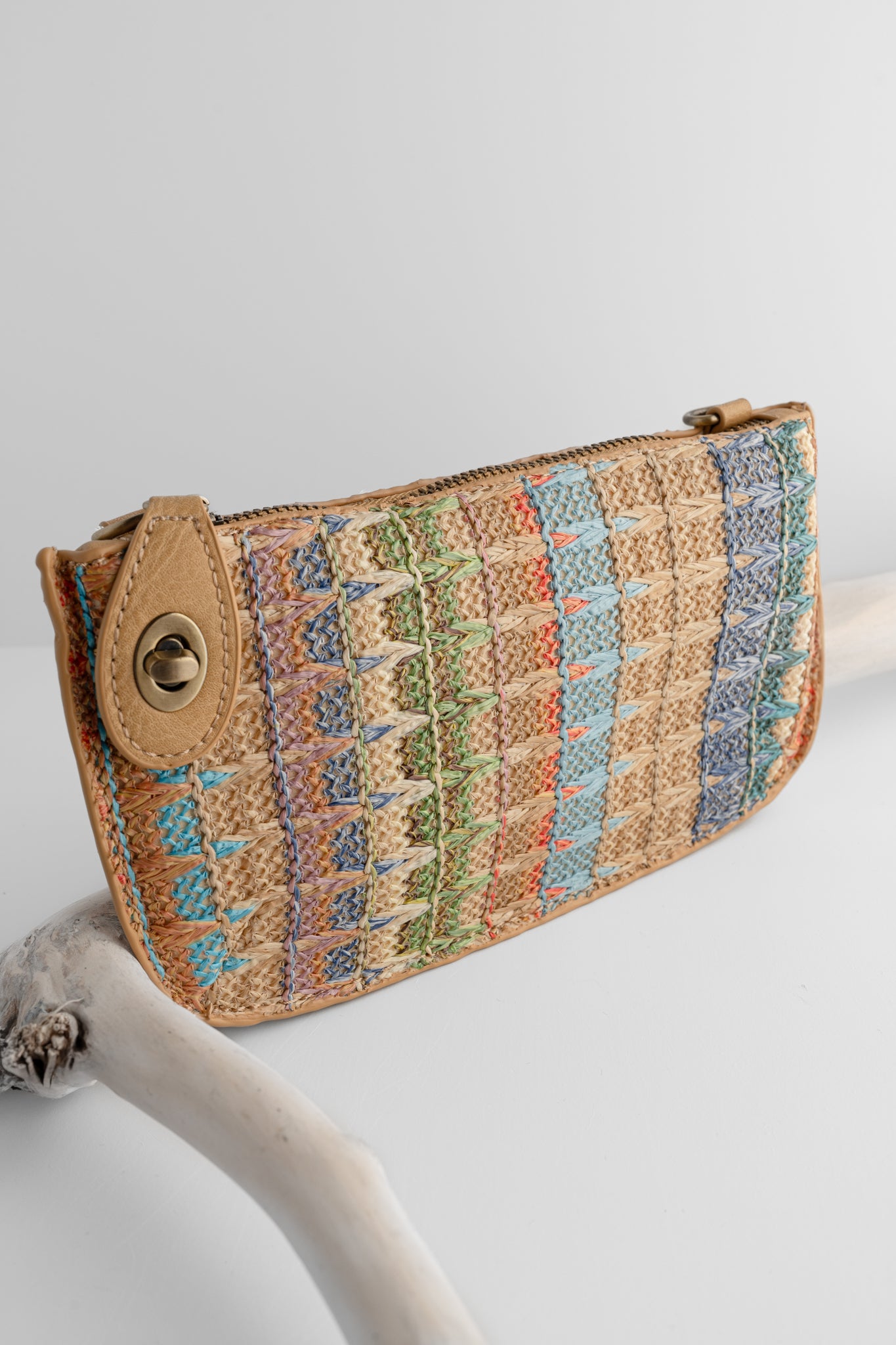 Joy Accessories Straw Mini Wristlet Clutch, Neutral 