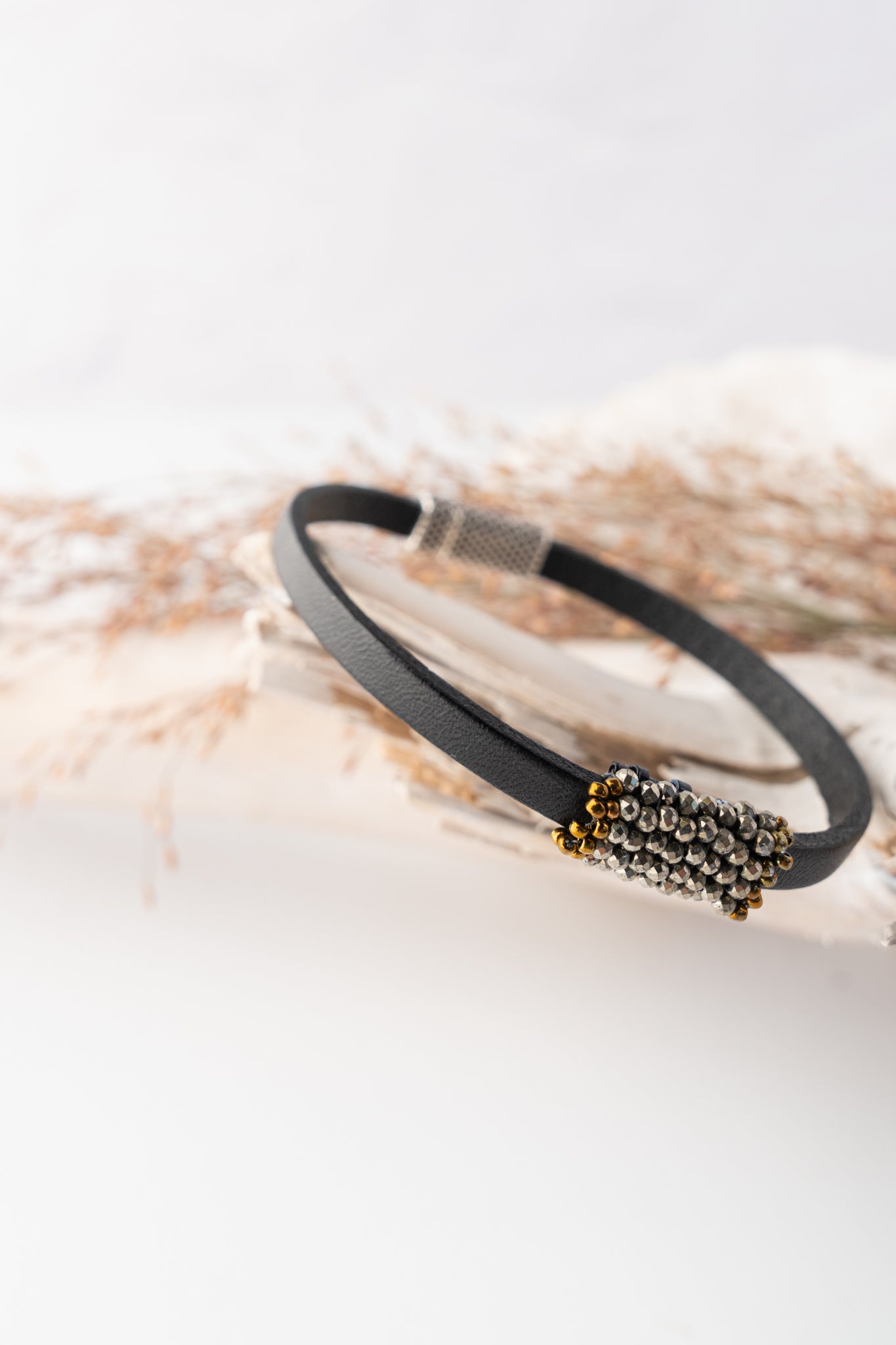 Martell Studio Hand Stitched Pyrite and Leather Bracelet 