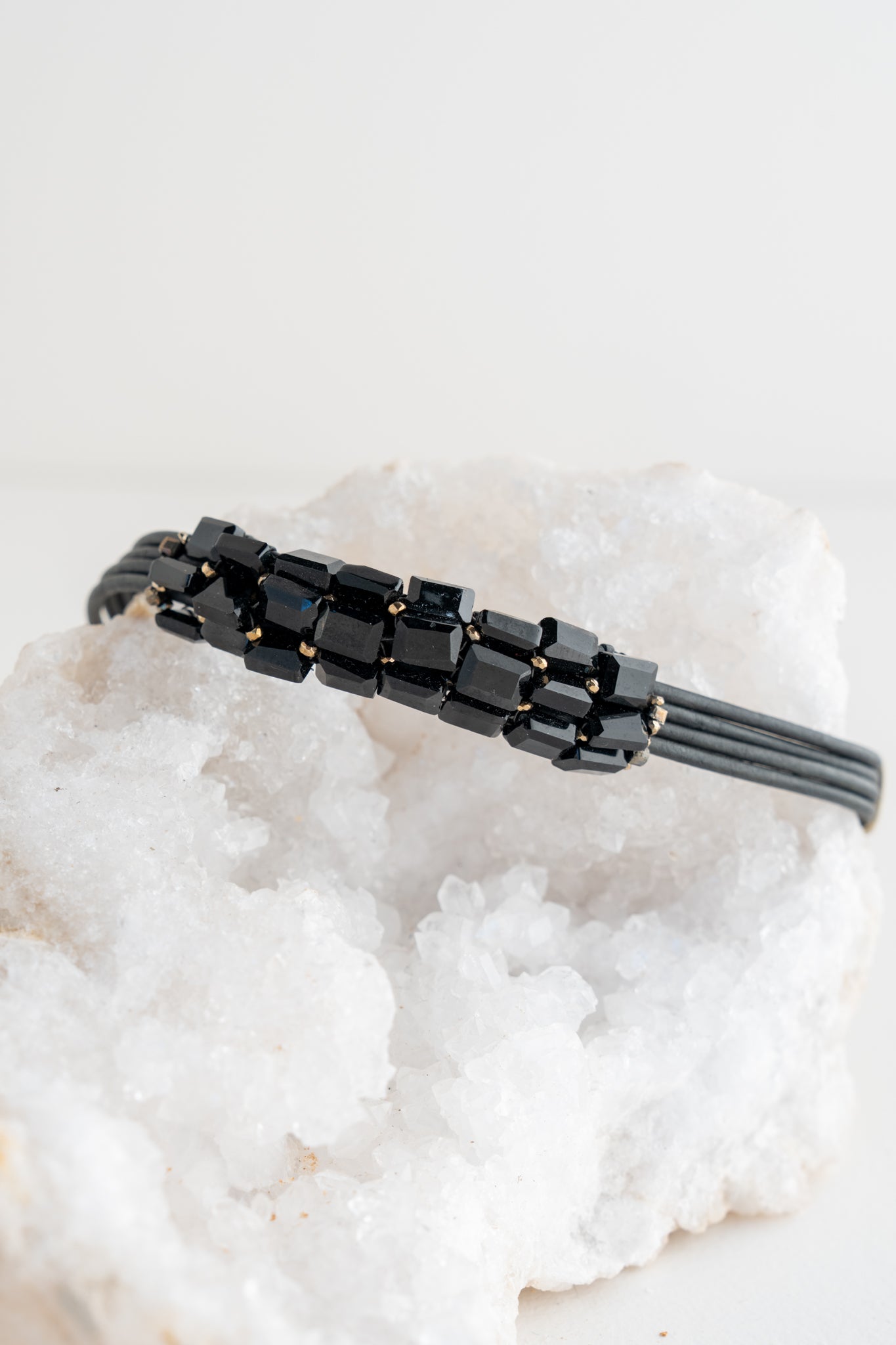 Martell Studio Black Onyx Tiles/Antique Black Leather Bracelet 