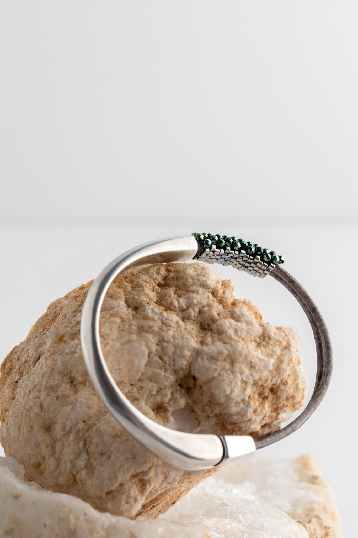 Martell Studio Forged Cuff with Green Teal Hematite and Leather 