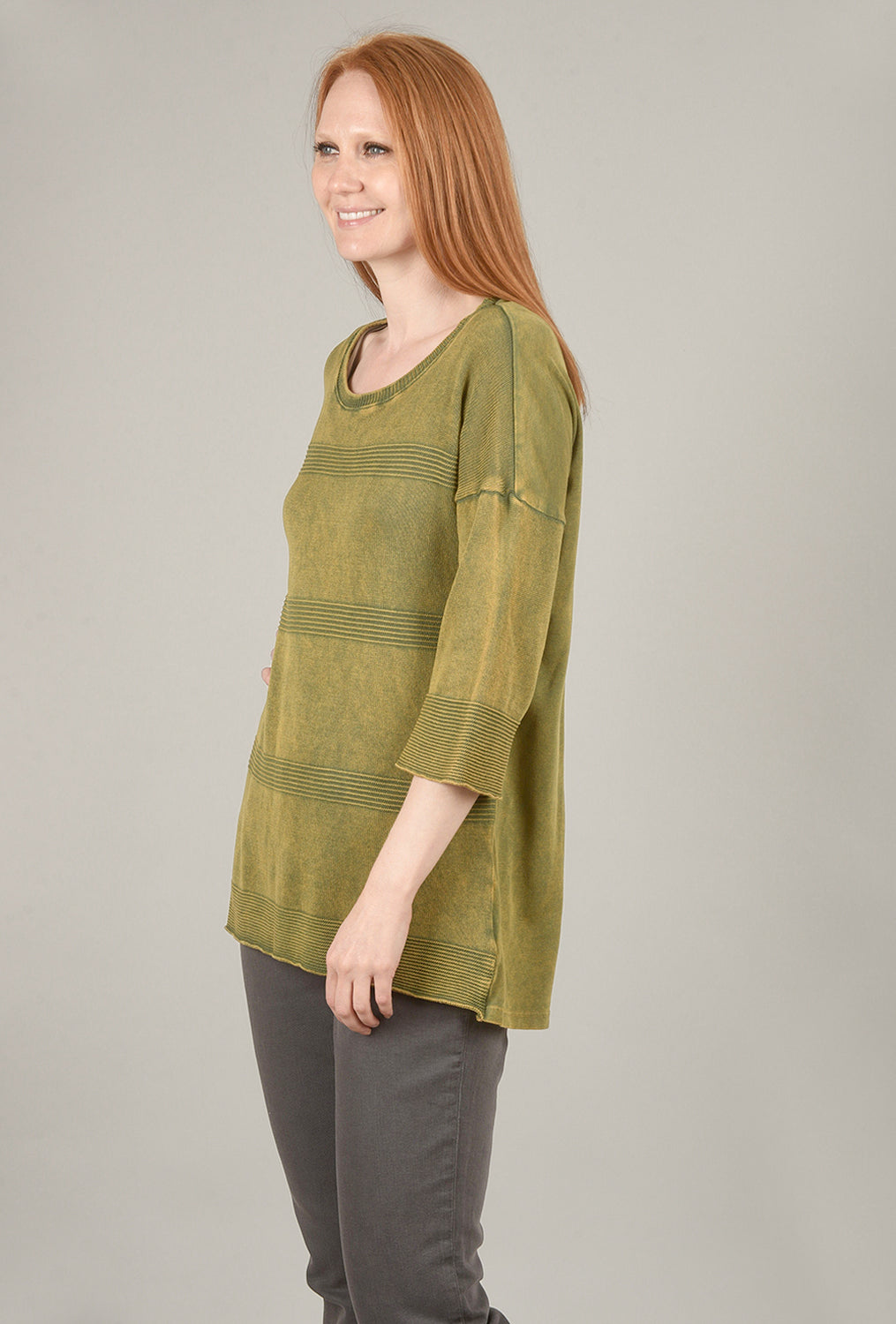 M. Rena 3/4-Sleeve Mineral Wash Sweater, Green Olive 