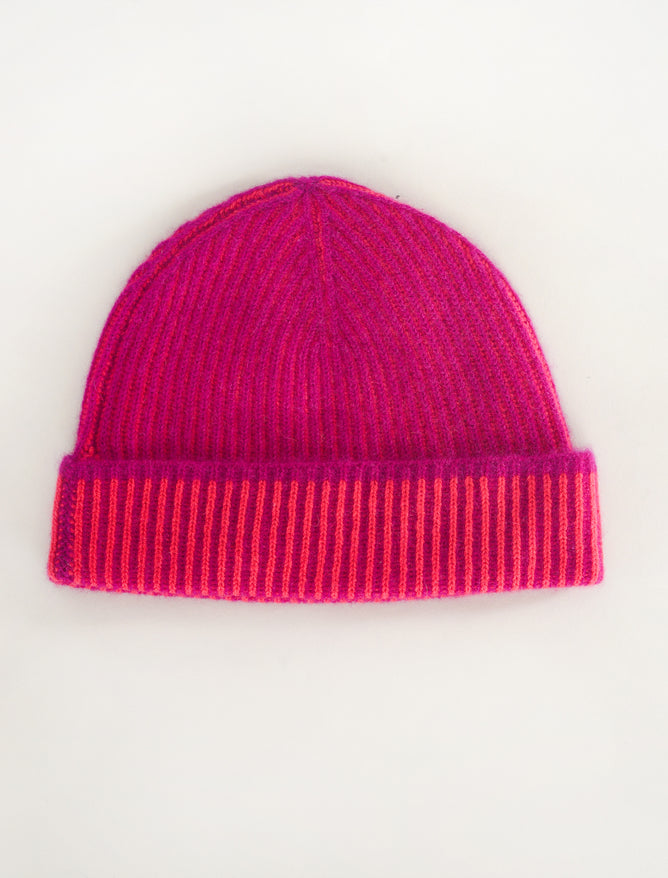 Kinross Cashmere Plaited Rib Cashmere Hat, Magenta/Poppy One Size Magenta