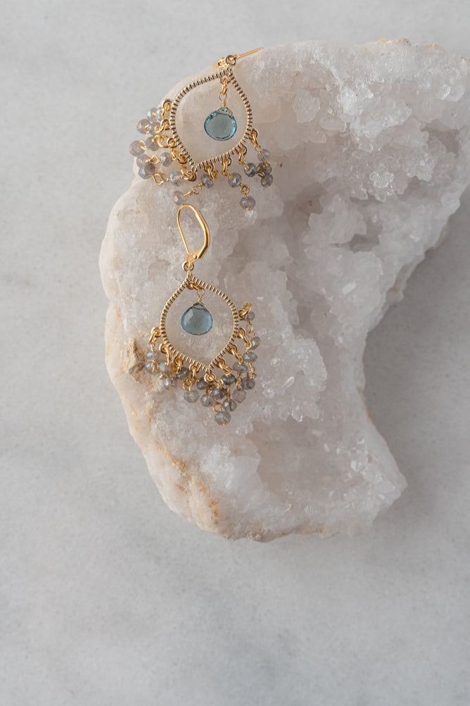 Rachel Reinhardt Labradorite and Blue Quartz Chandelier Earrings 