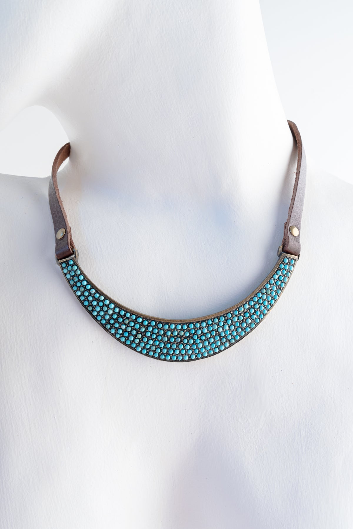Rebel Designs Stone and Crystal Bib Necklace, Brown with Light Turquoise Stones 