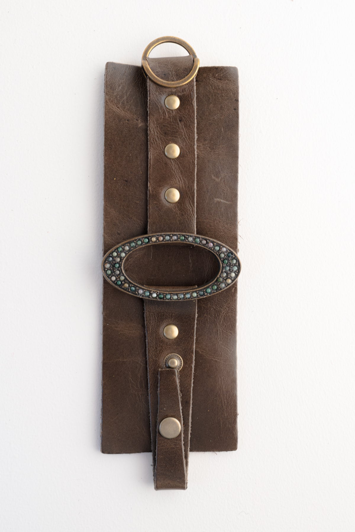 Rebel Designs Wide Leather Cuff with Oval Metal Center, Multi Green 