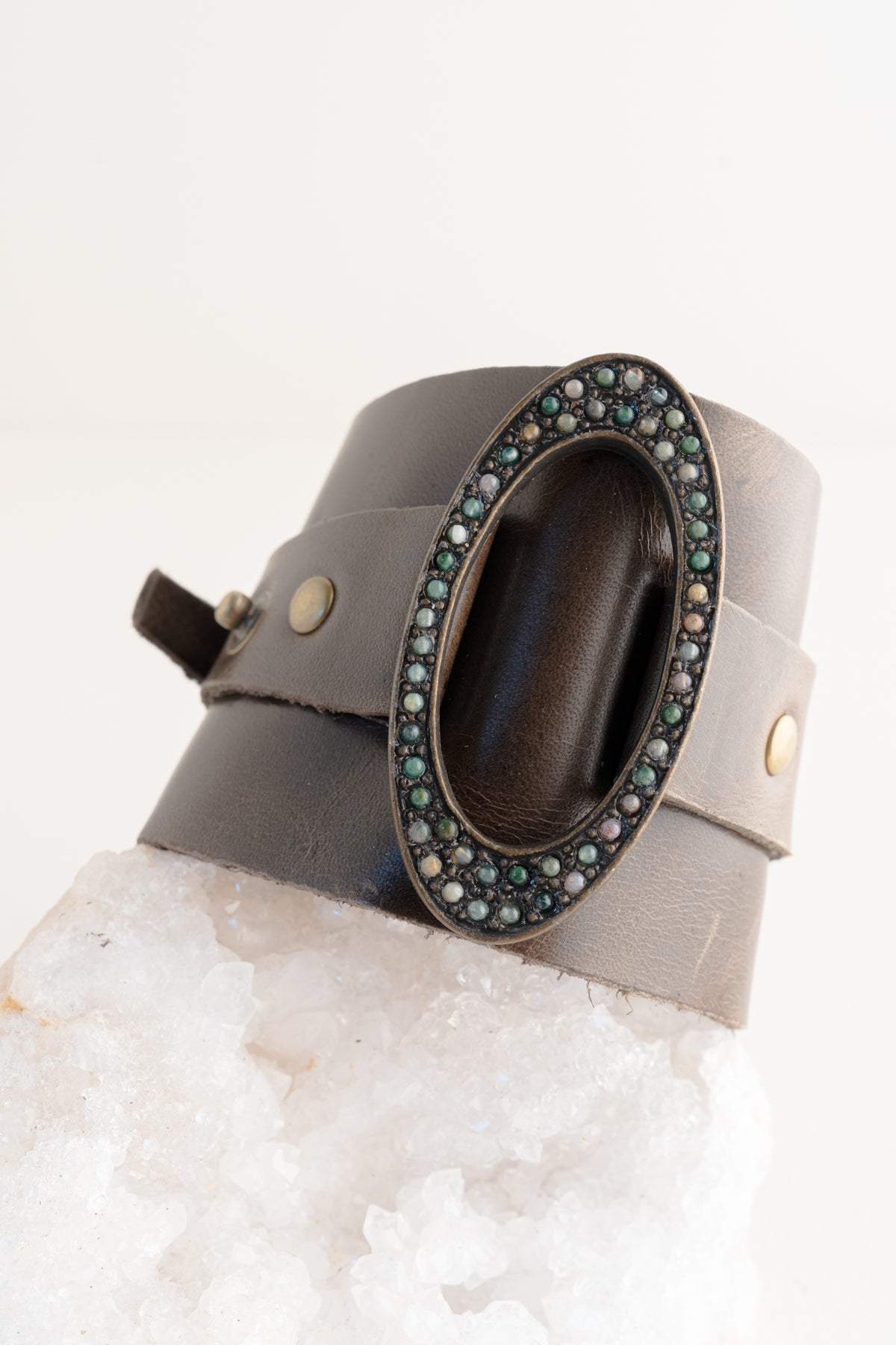 Rebel Designs Wide Leather Cuff with Oval Metal Center, Multi Green Army Green w Multi Green 