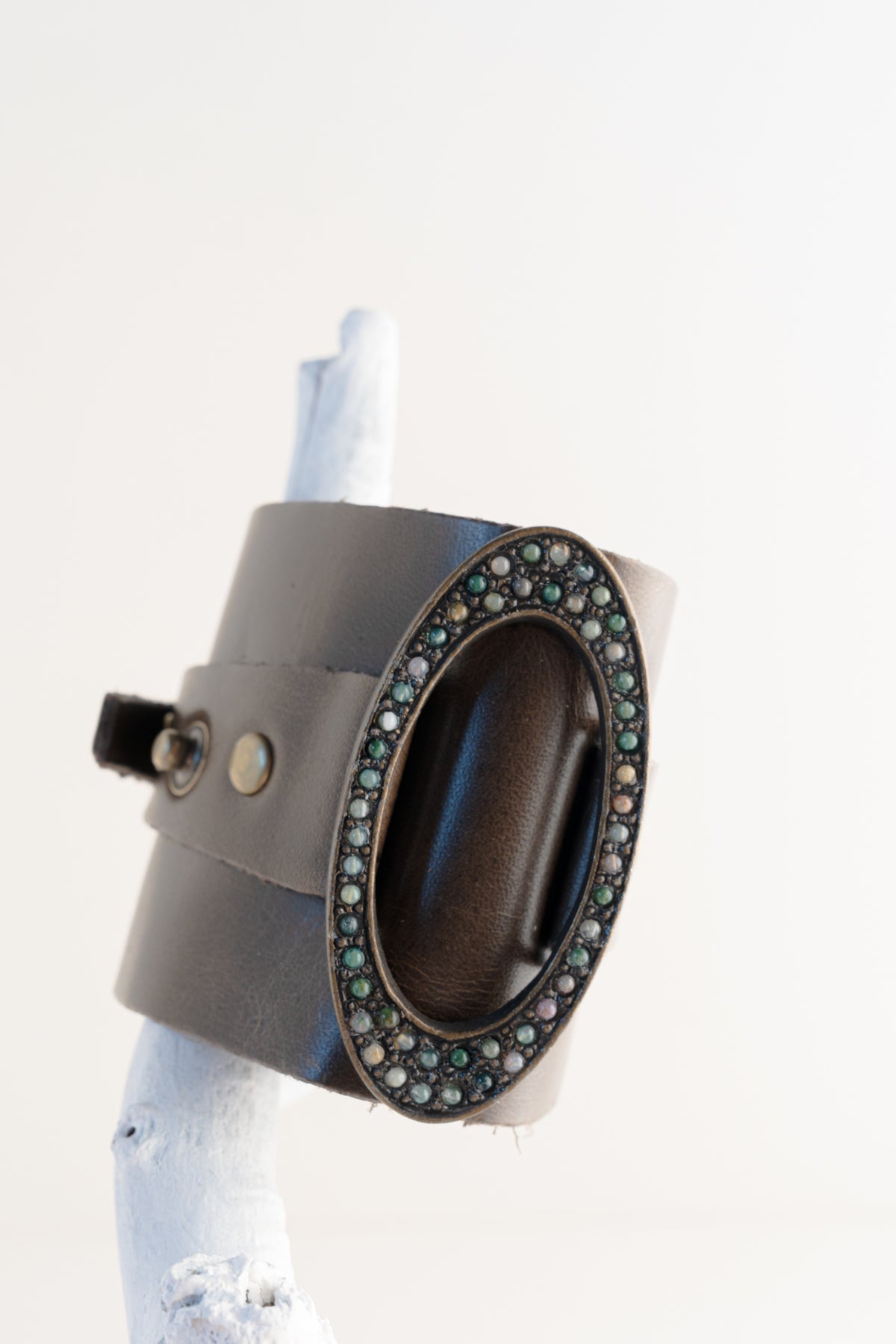 Rebel Designs Wide Leather Cuff with Oval Metal Center, Multi Green 