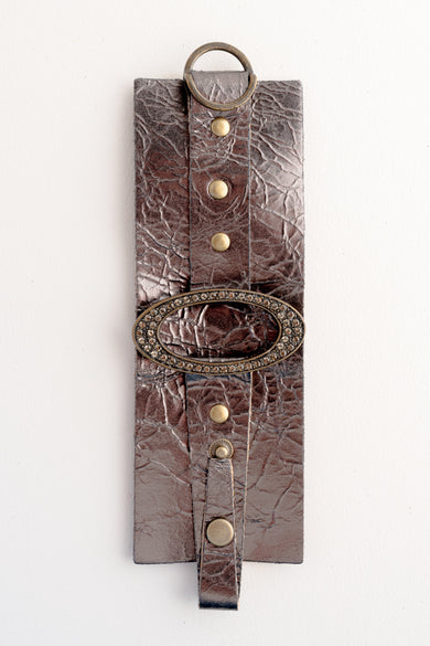 Rebel Designs Wide Leather Cuff with Oval Metal Center Grey Metallic w Black Diamond 