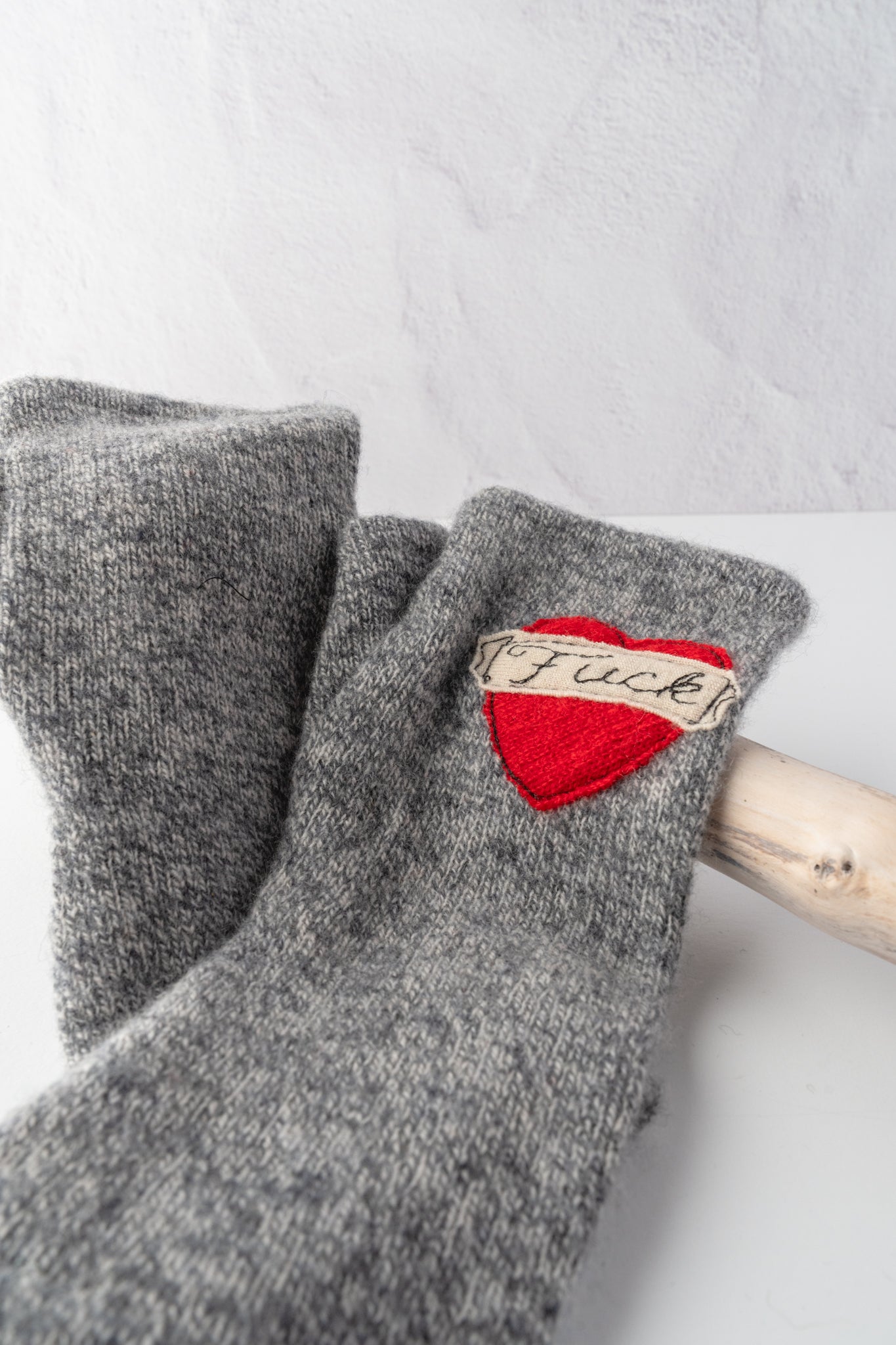 Sardine Recycled Cashmere Handwarmers, Tattoo Heart F*ck, Gray/Red 