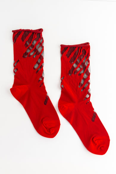 Moyuru Sheer Detail Sock, Red Red One Size