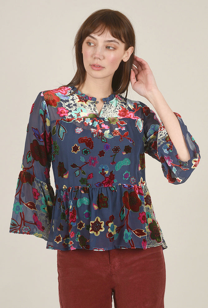 Johnny Was Flower Burnout Lya Blouse, Navy Multi 