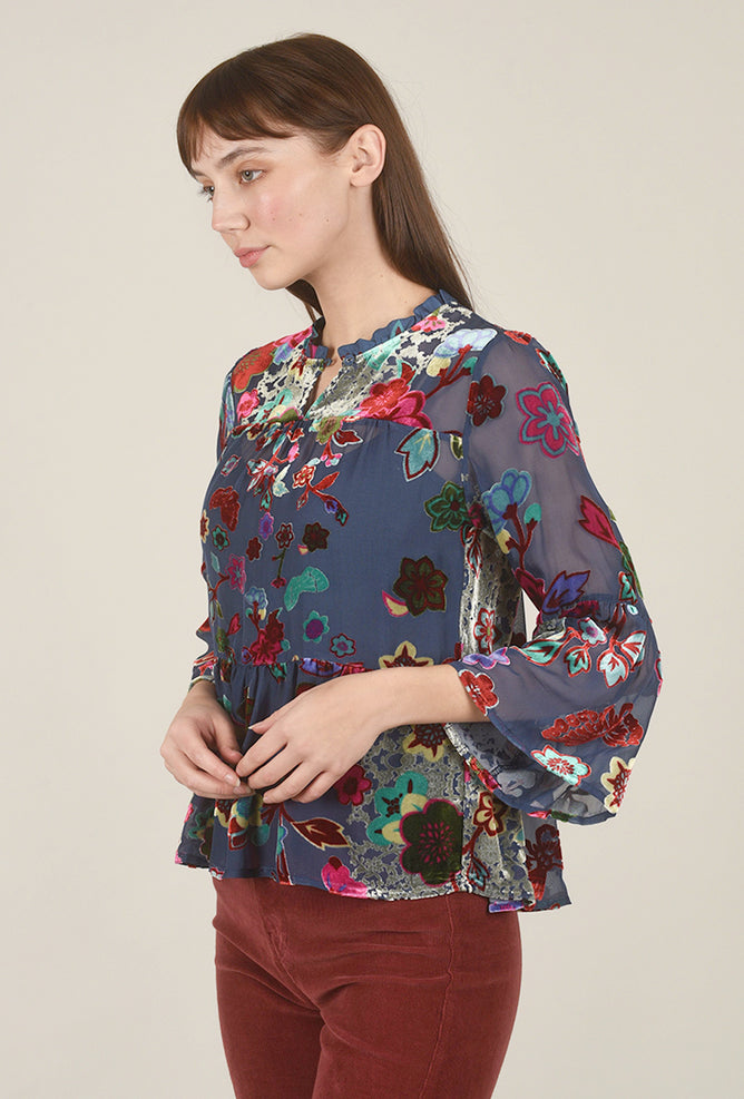 Johnny Was Flower Burnout Lya Blouse, Navy Multi 