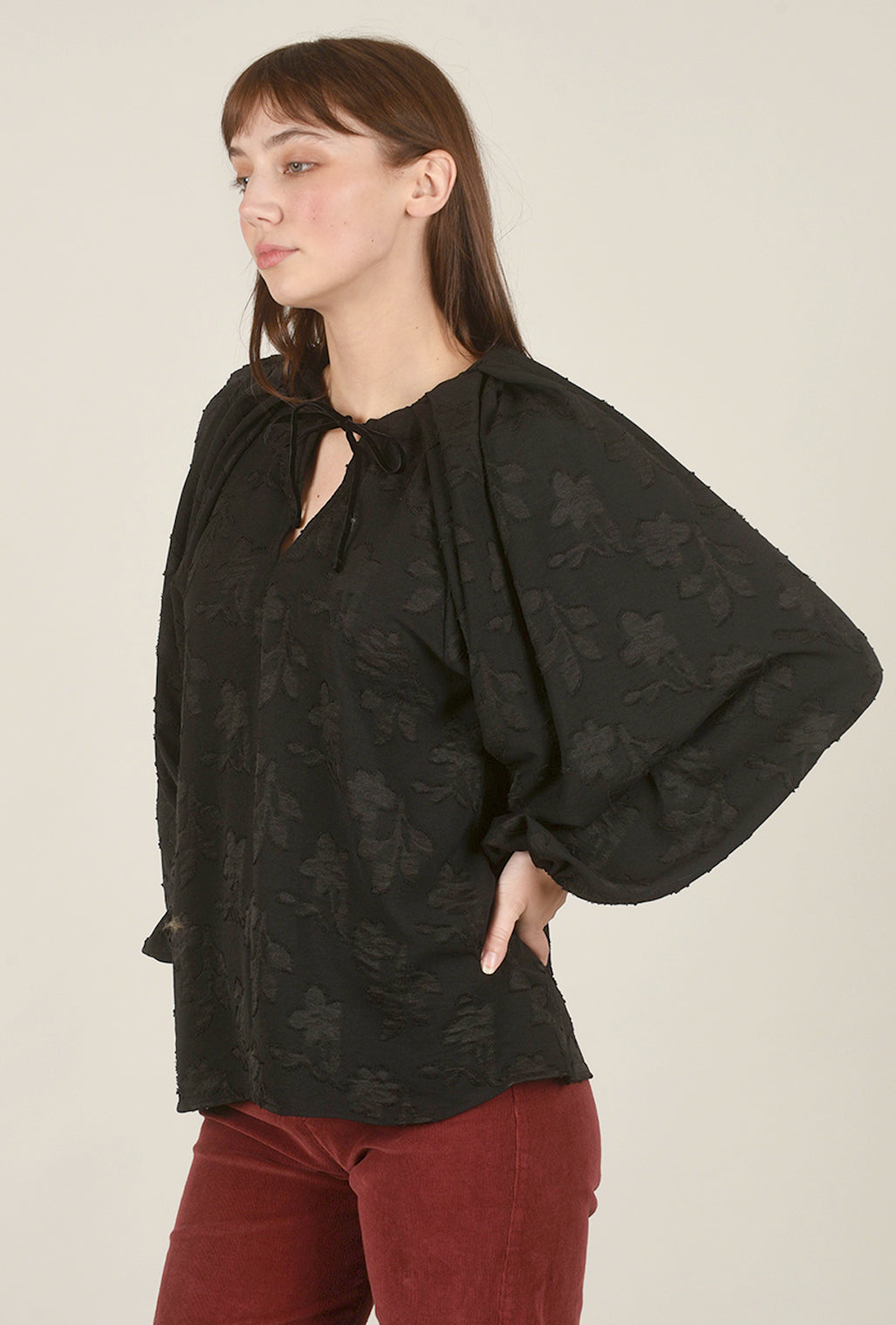 Grade & Gather Pleated Shoulder Jacquard Blouse, Black 