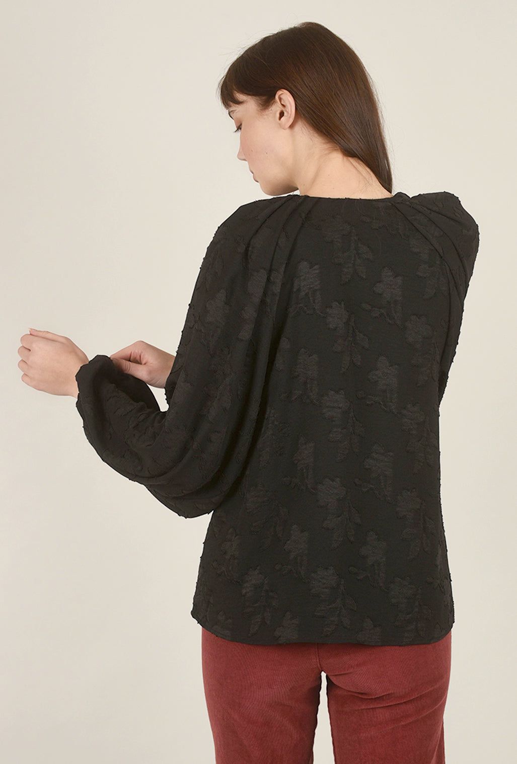 Grade & Gather Pleated Shoulder Jacquard Blouse, Black 