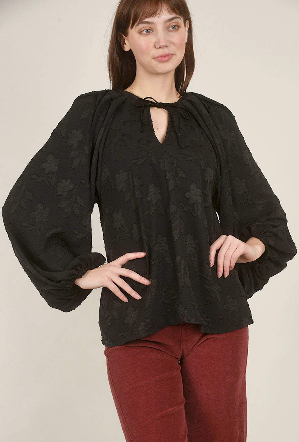 Grade & Gather Pleated Shoulder Jacquard Blouse, Black 