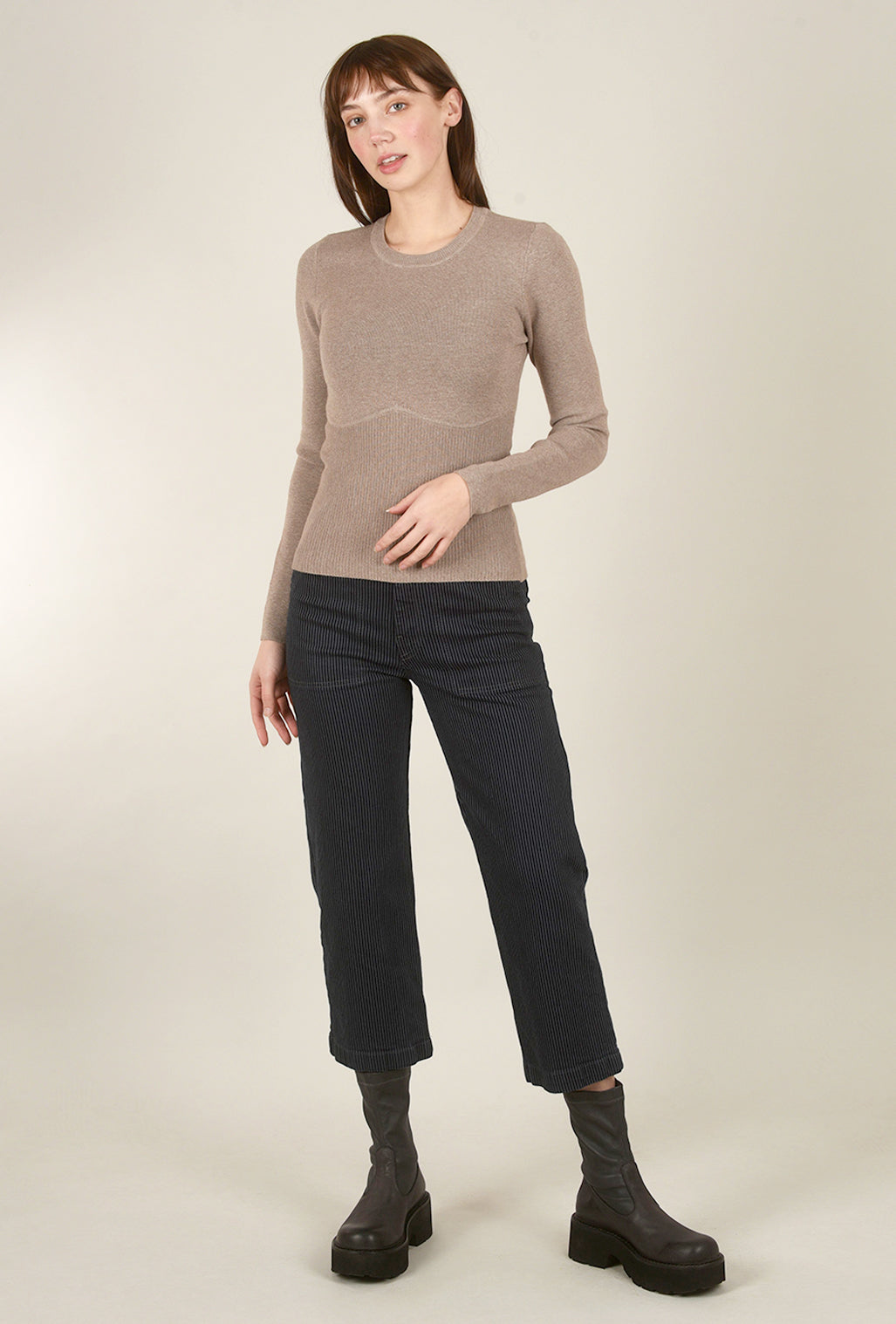 Hem & Thread Corset Detail Crew Sweater, Taupe 