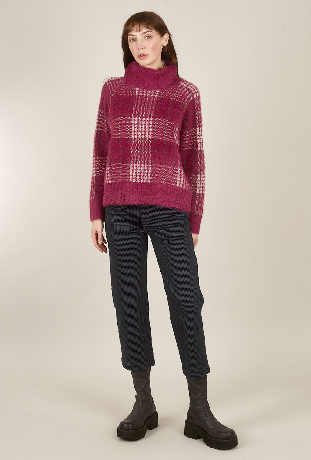 Hem & Thread Checker Print Tneck Sweater, Berry 