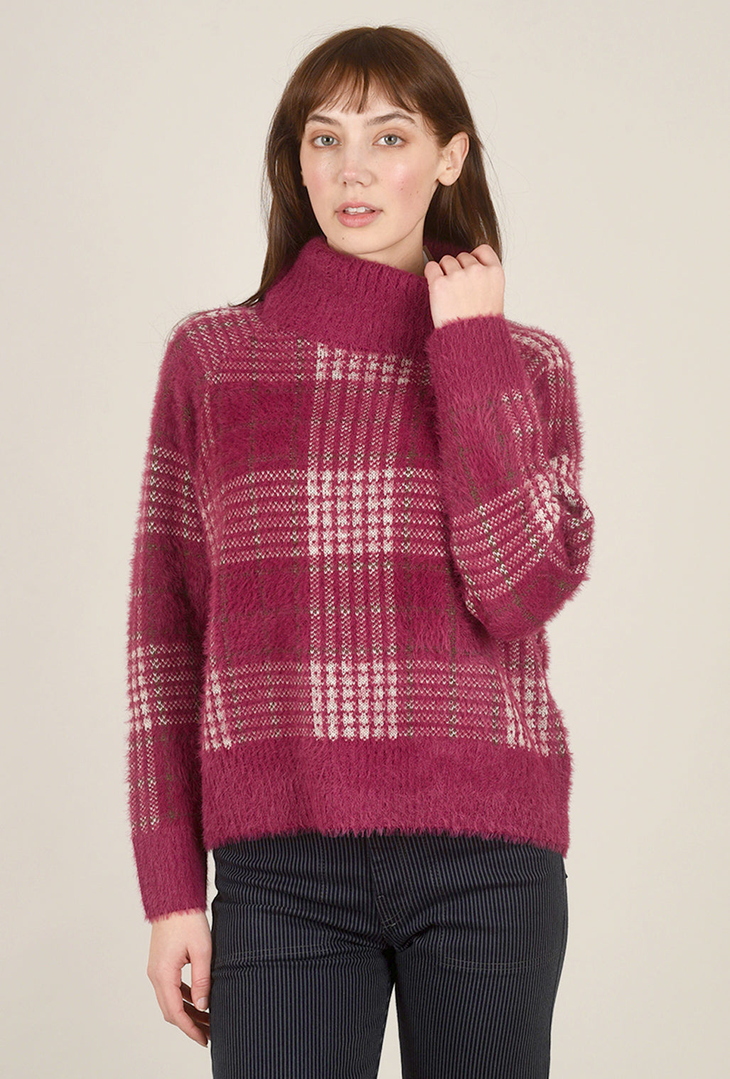 Hem & Thread Checker Print Tneck Sweater, Berry 