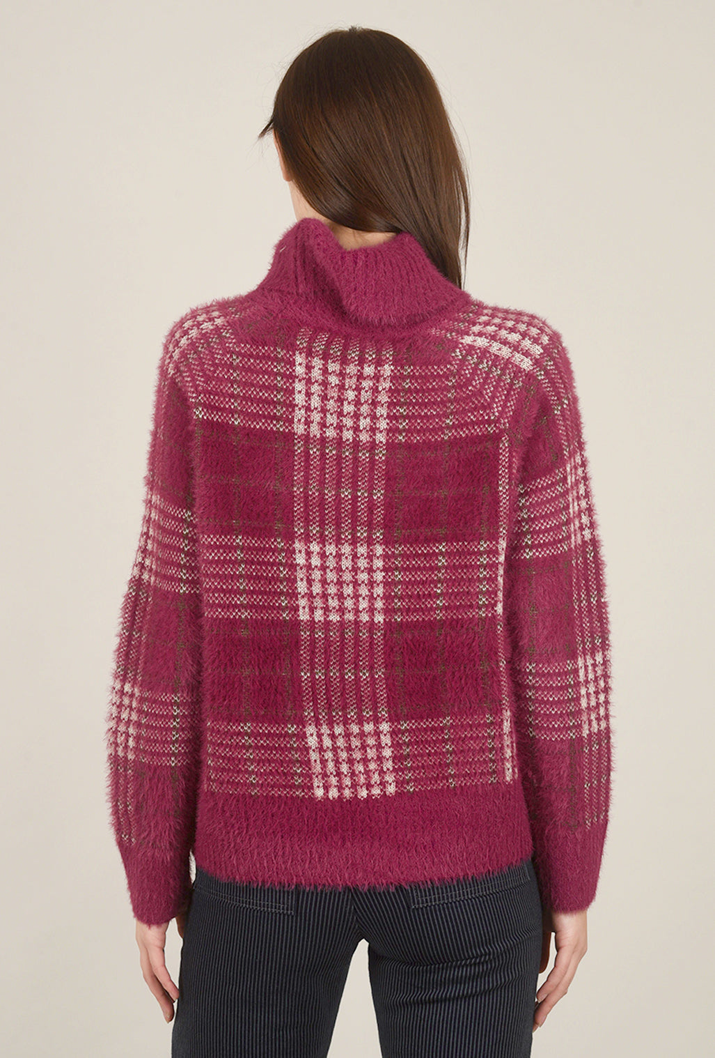 Hem & Thread Checker Print Tneck Sweater, Berry 