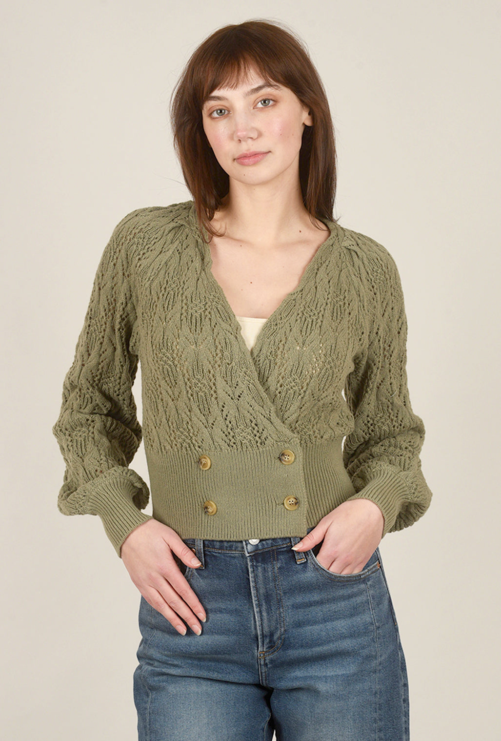 Hem & Thread Bubble Sleeve Cardie, Dusty Olive 