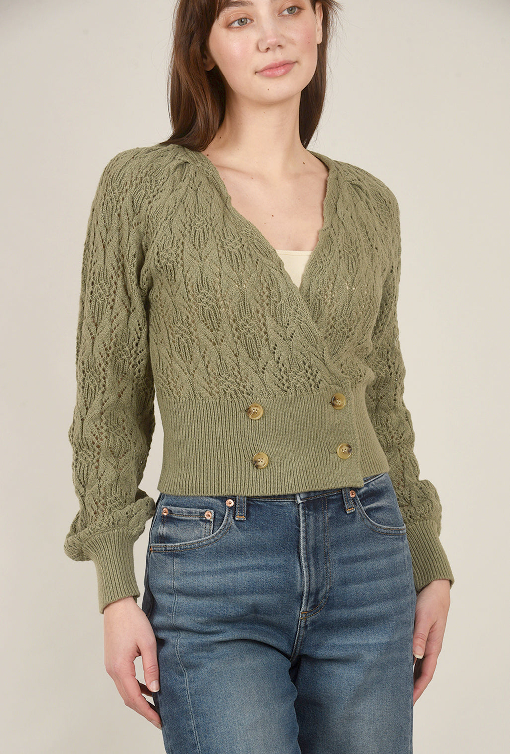 Hem & Thread Bubble Sleeve Cardie, Dusty Olive 