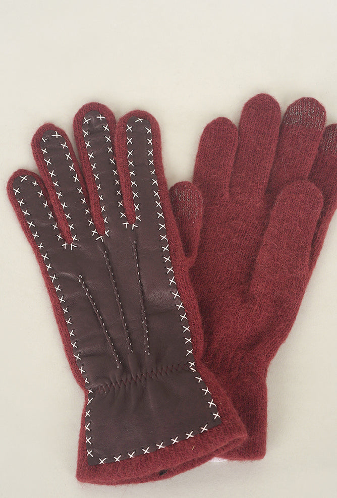 Santacana Madrid Contrast Stitch Leather/Wool Gloves, Burdeos One Size 