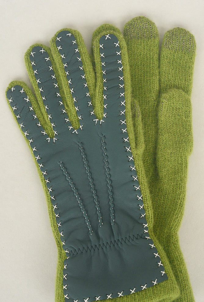 Santacana Madrid Contrast Stitch Leather/Wool Gloves, Verde One Size Verde