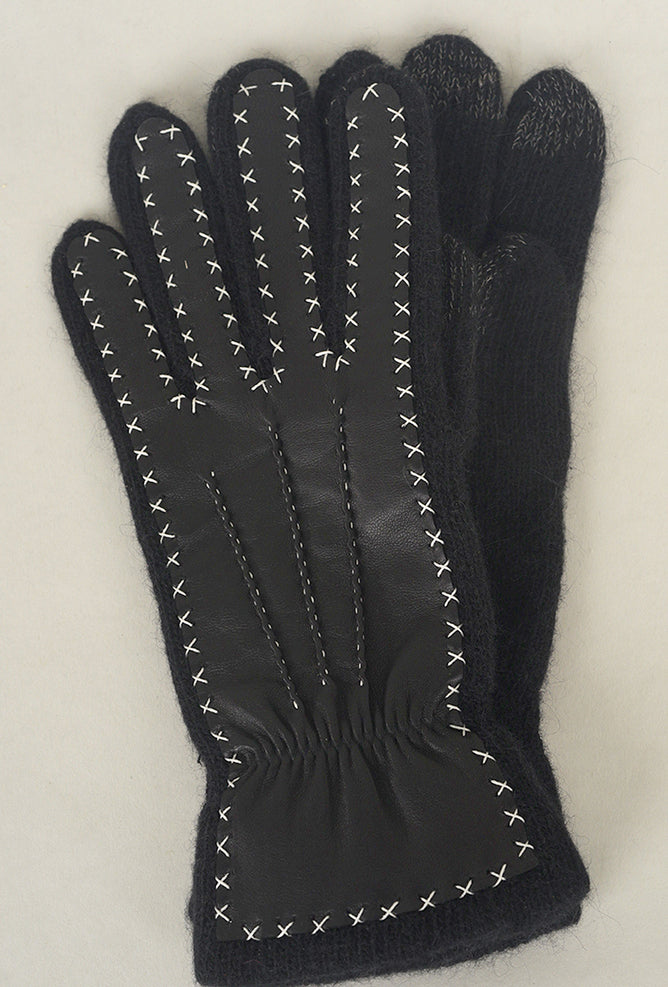 Santacana Madrid Contrast Stitch Leather/Wool Glove, Black One Size Black