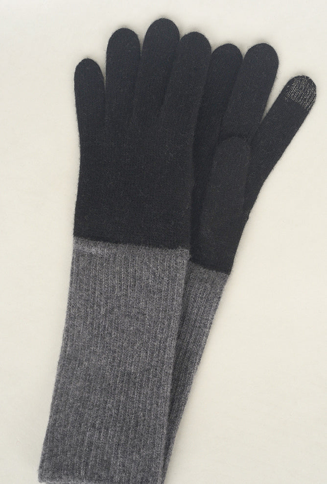 Santacana Madrid Long Wool/Cashmere Ribbed Knit Glove, Black/Gray One Size Black