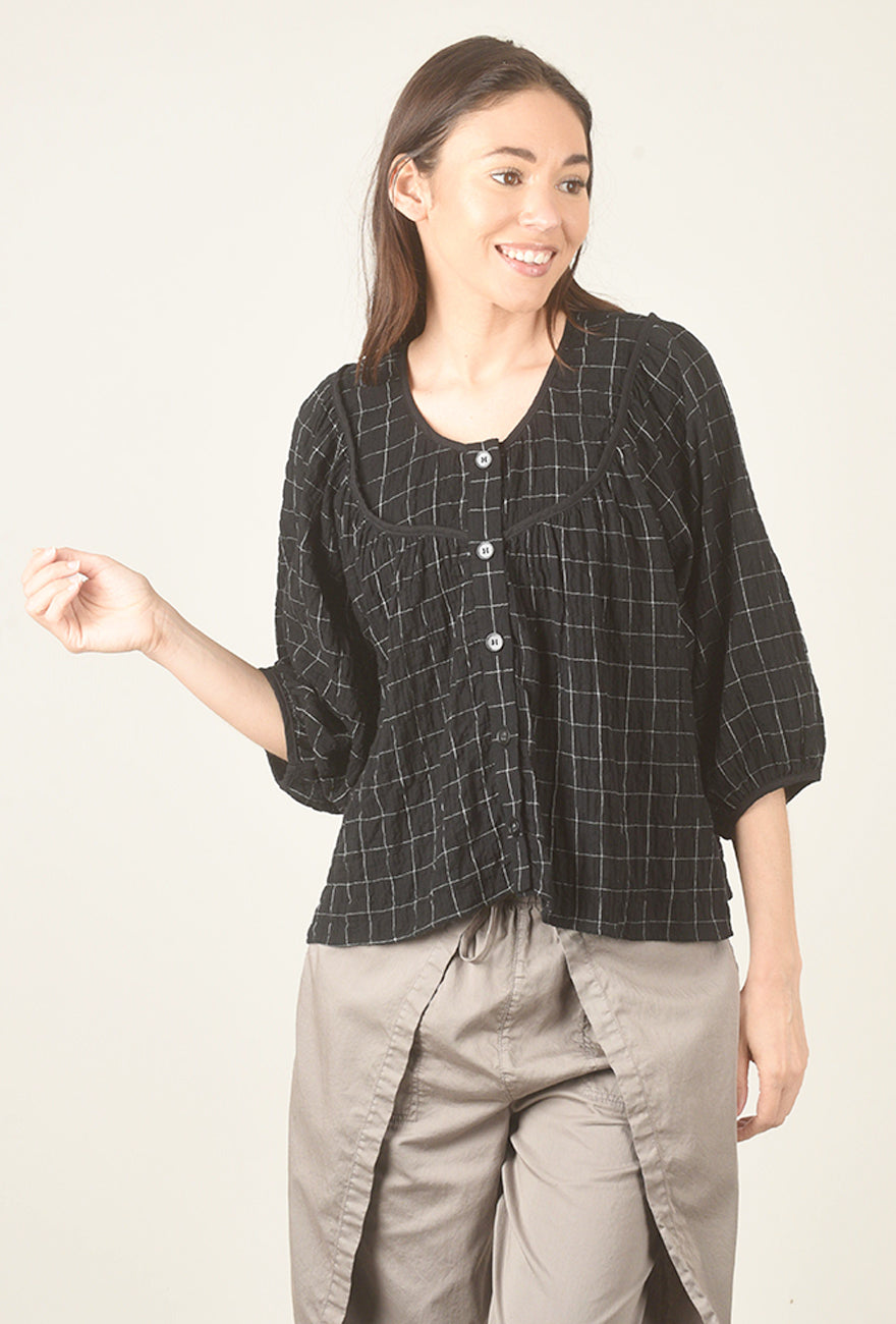 Grade & Gather Twill Tape Puff Sleeve Top, Black 