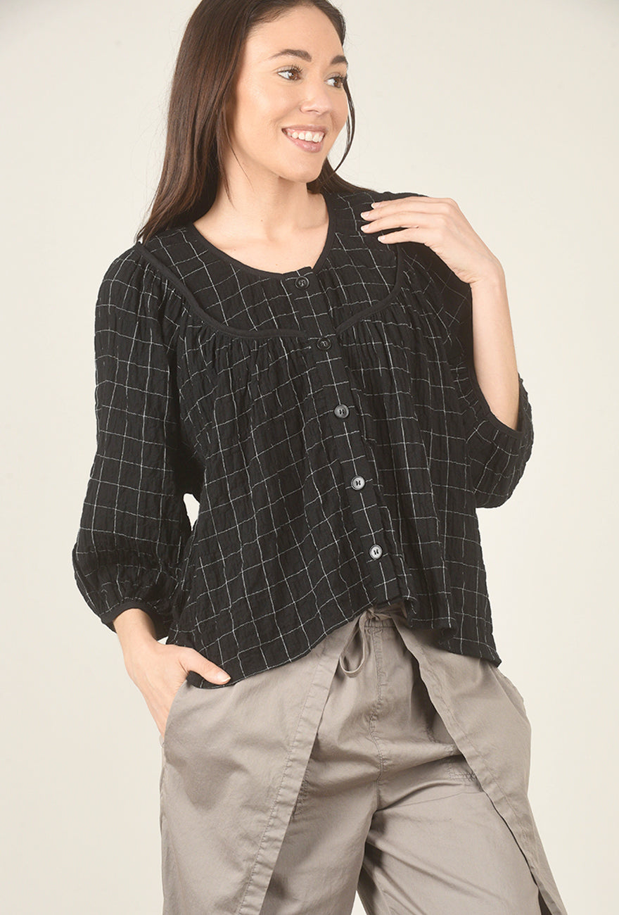 Grade & Gather Twill Tape Puff Sleeve Top, Black 