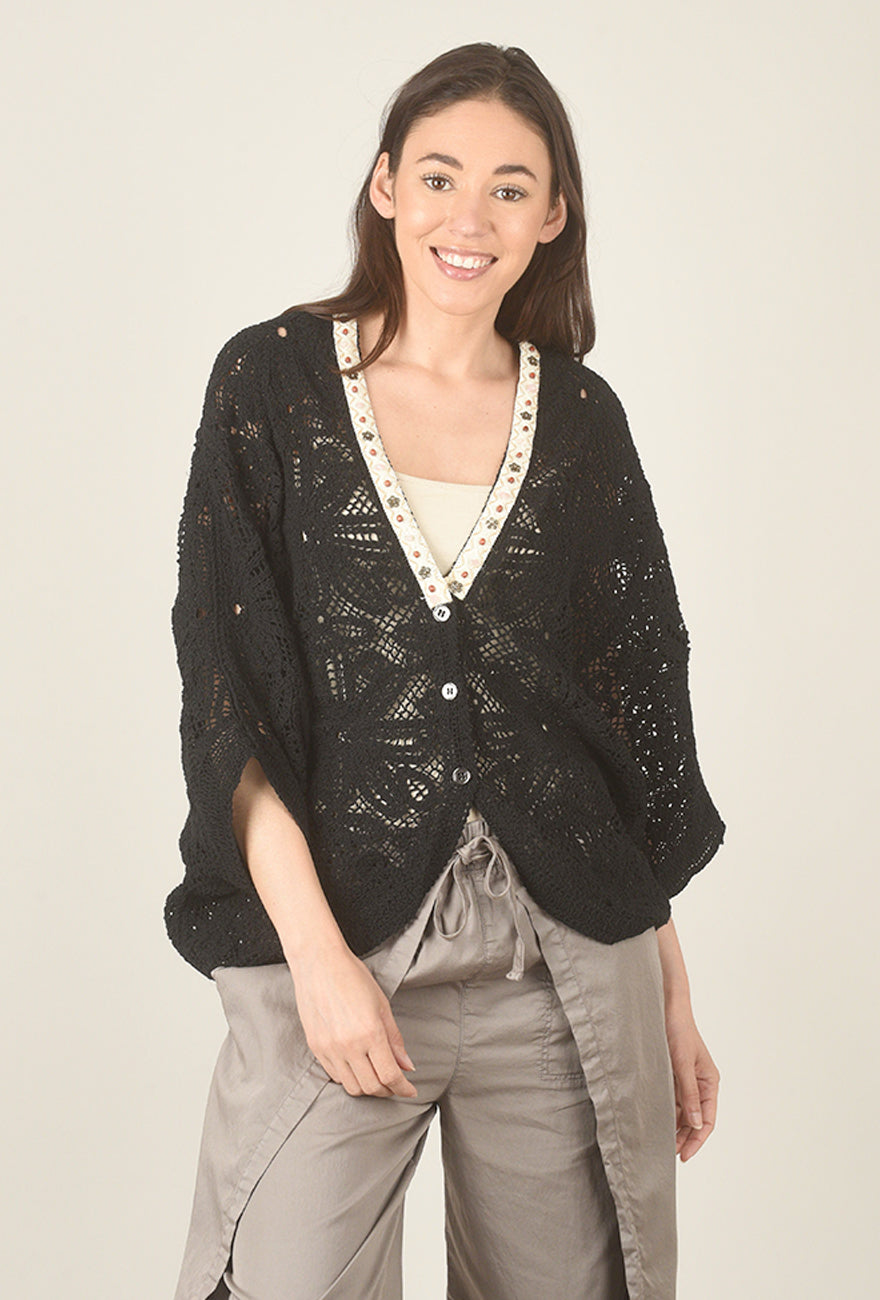 POL Crochet Batwing Cardie, Black 