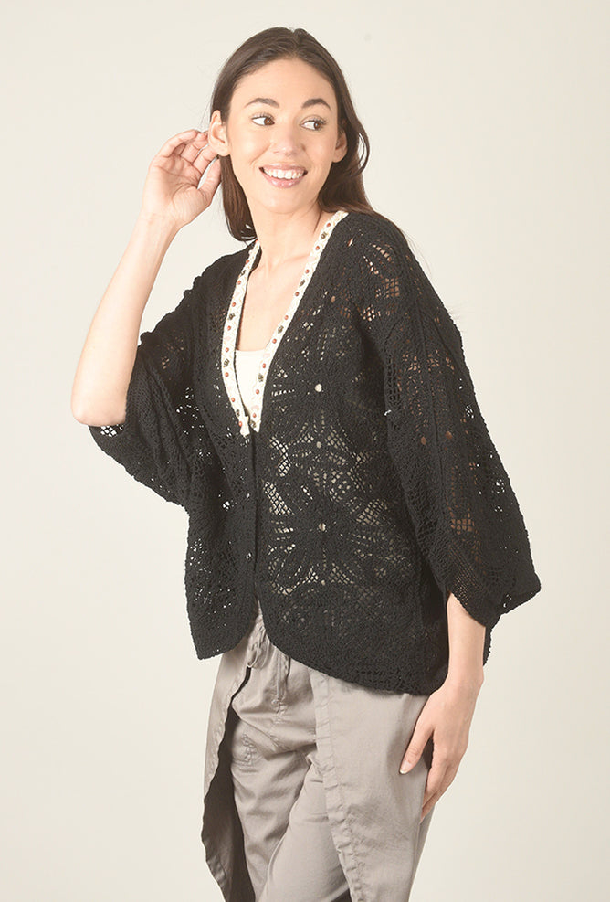 POL Crochet Batwing Cardie, Blac 