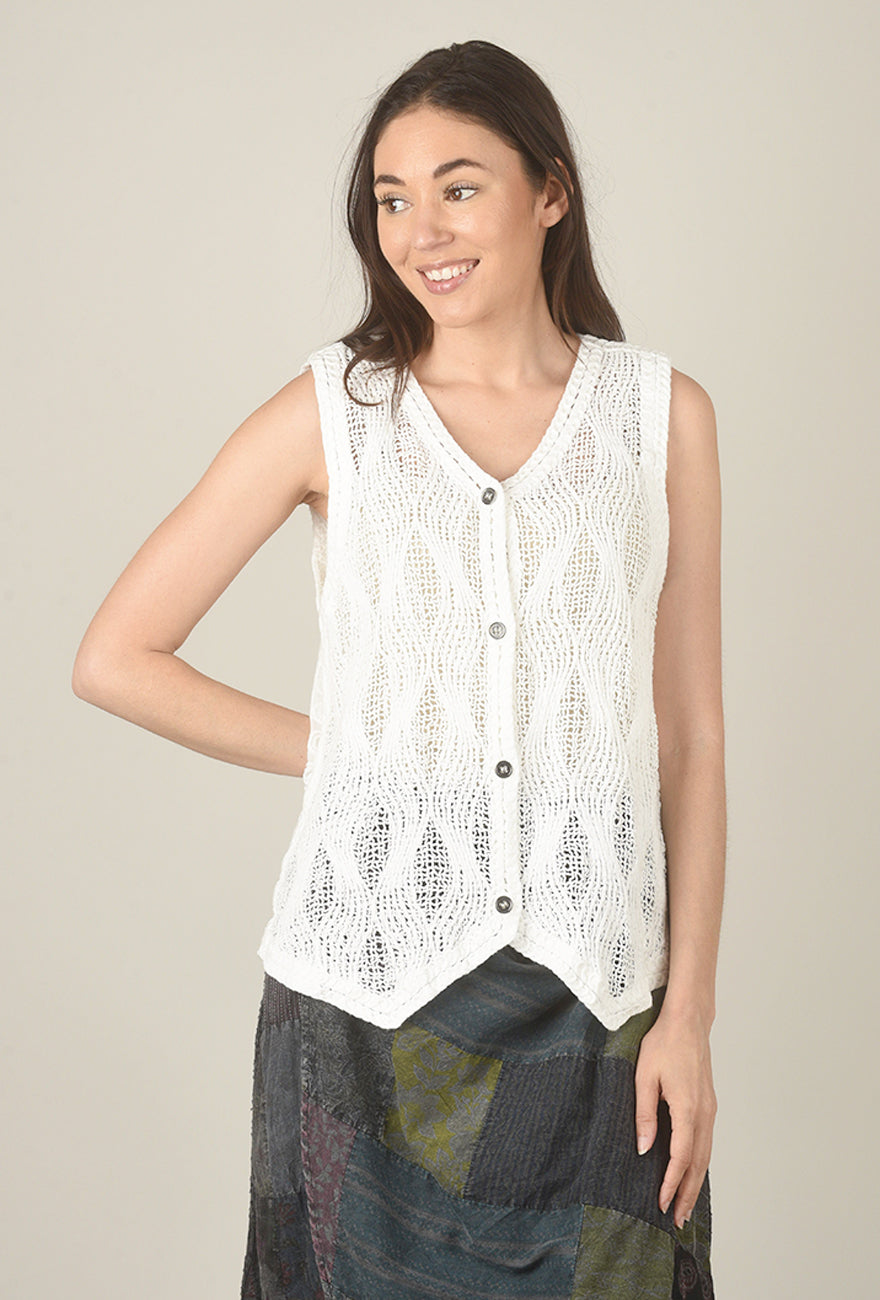 POL Sleeveless Crochet Button Vest, Off White 