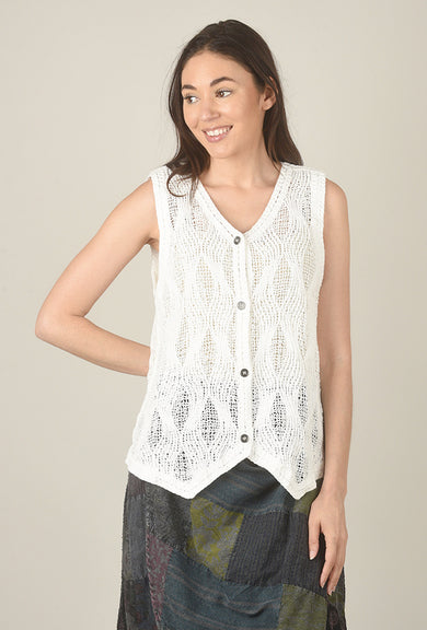POL Sleeveless Crochet Button Vest, Off White 