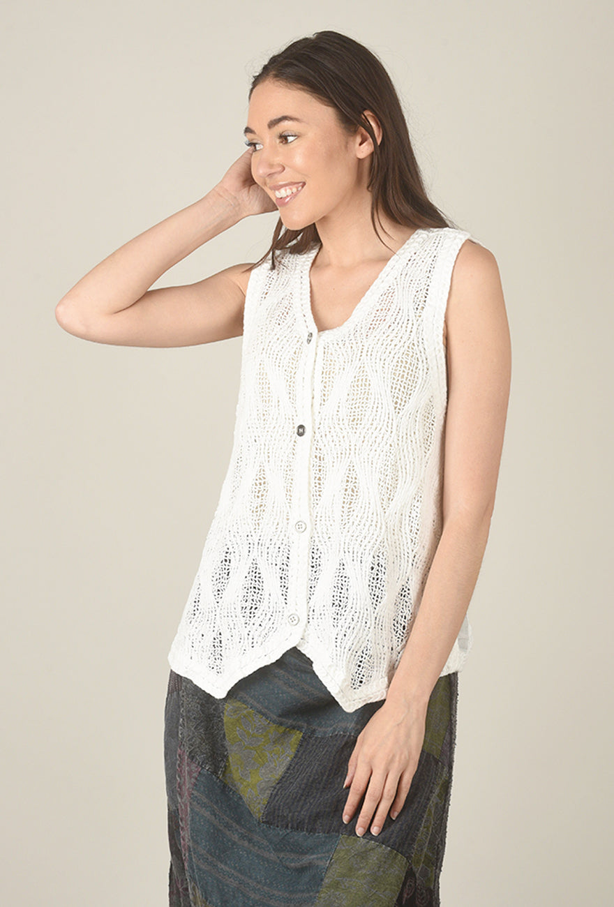 POL Sleeveless Crochet Button Vest, Off White 