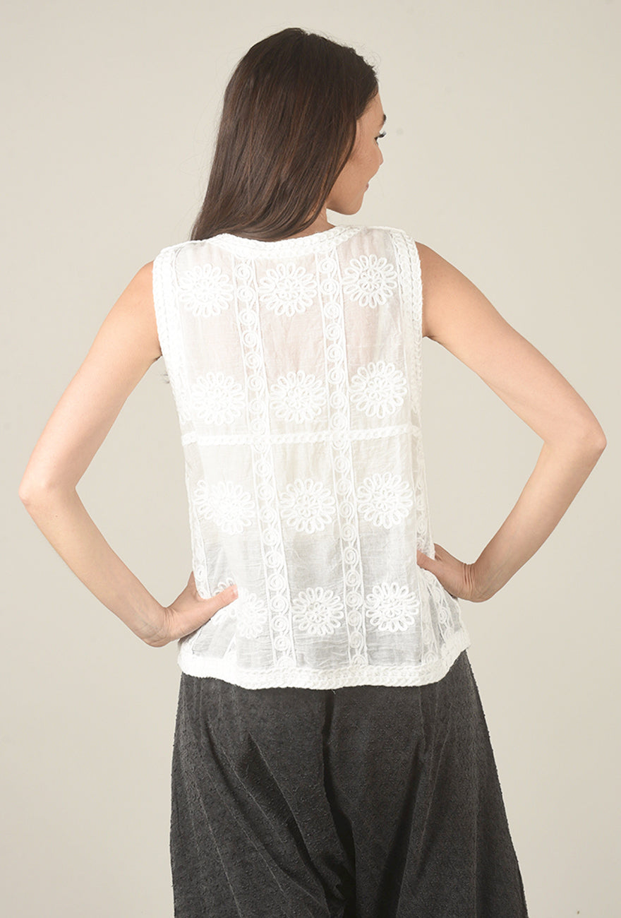 POL Sleeveless Crochet Button Vest, Off White 